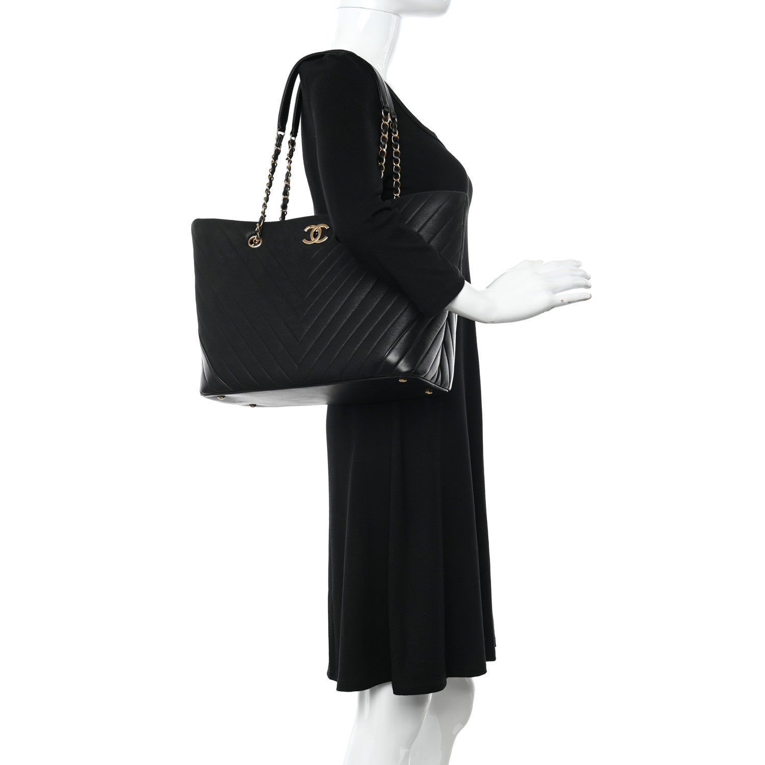 Chanel Calfskin Chevron Quilted Shopping Tote Black 3 of 11