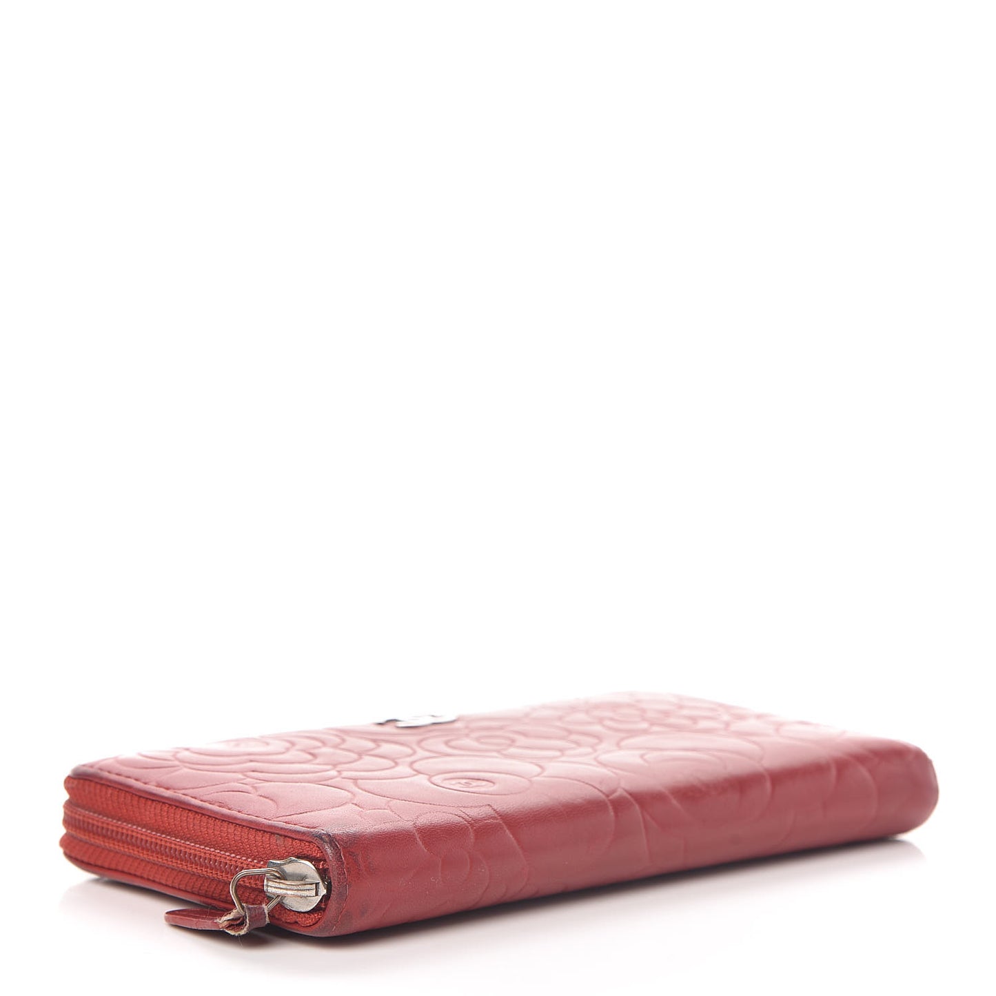 Lambskin Camellia Embossed Zip Around Large Gusset Wallet Red