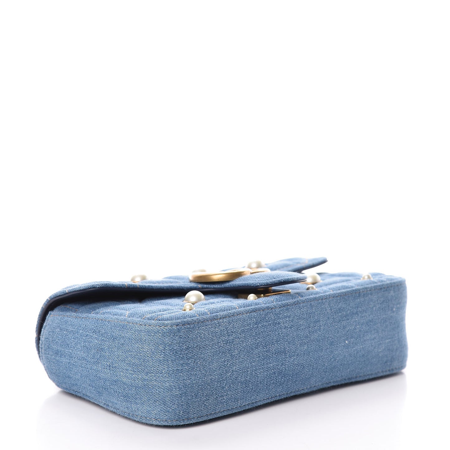 Denim Matelasse Pearl Studded Mini GG Marmont Shoulder Bag Blue