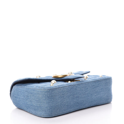 Gucci Denim Matelasse Pearl Studded Mini GG Marmont Shoulder Bag Blue 4 of 10