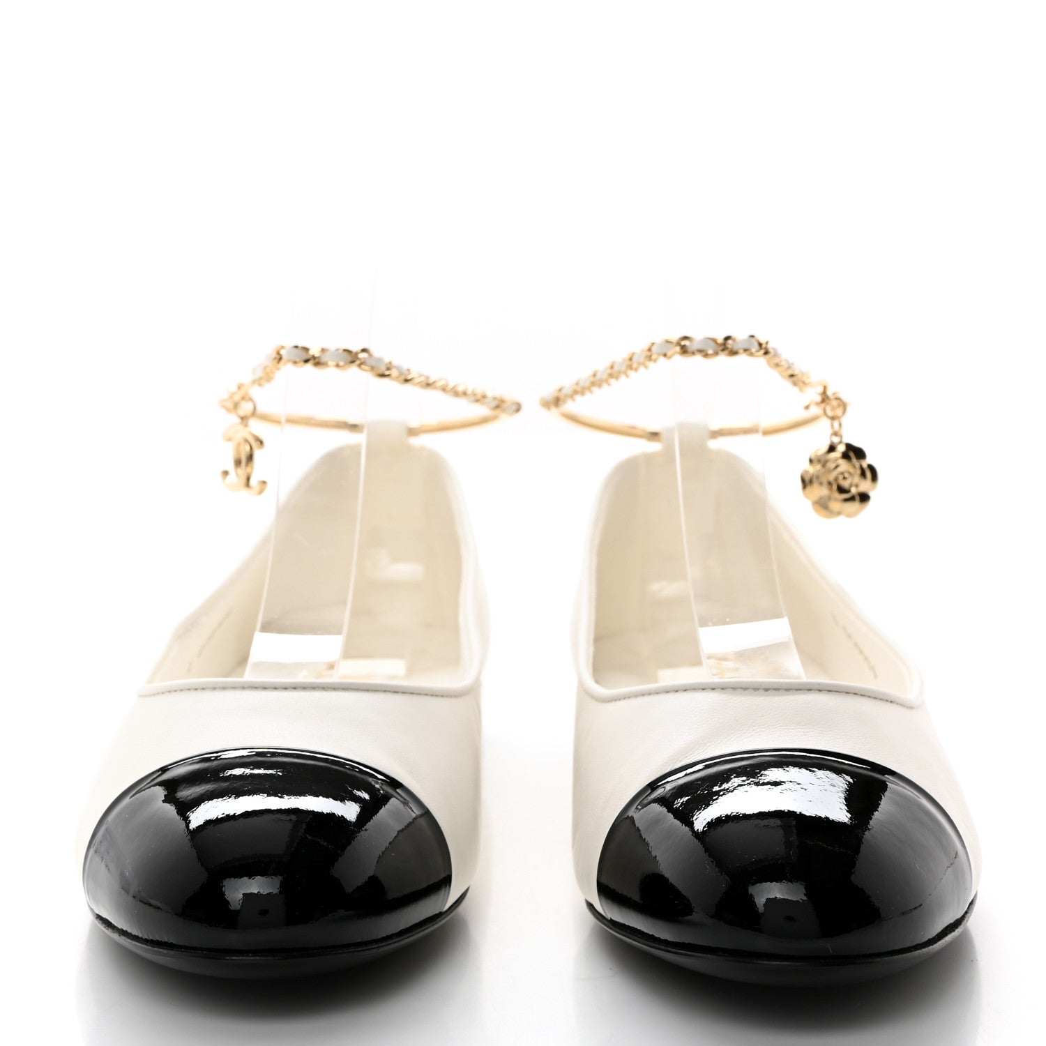 Chanel Lambskin Patent Calfskin Cap Toe Ankle Chain Ballerina Flats 39.5 White Black 2 of 9