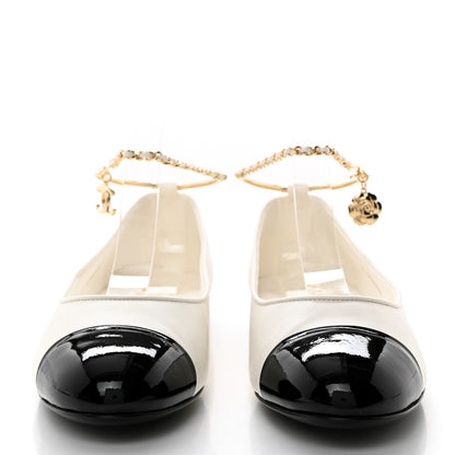 Chanel Lambskin Patent Calfskin Cap Toe Ankle Chain Ballerina Flats 39.5 White Black 2 of 9