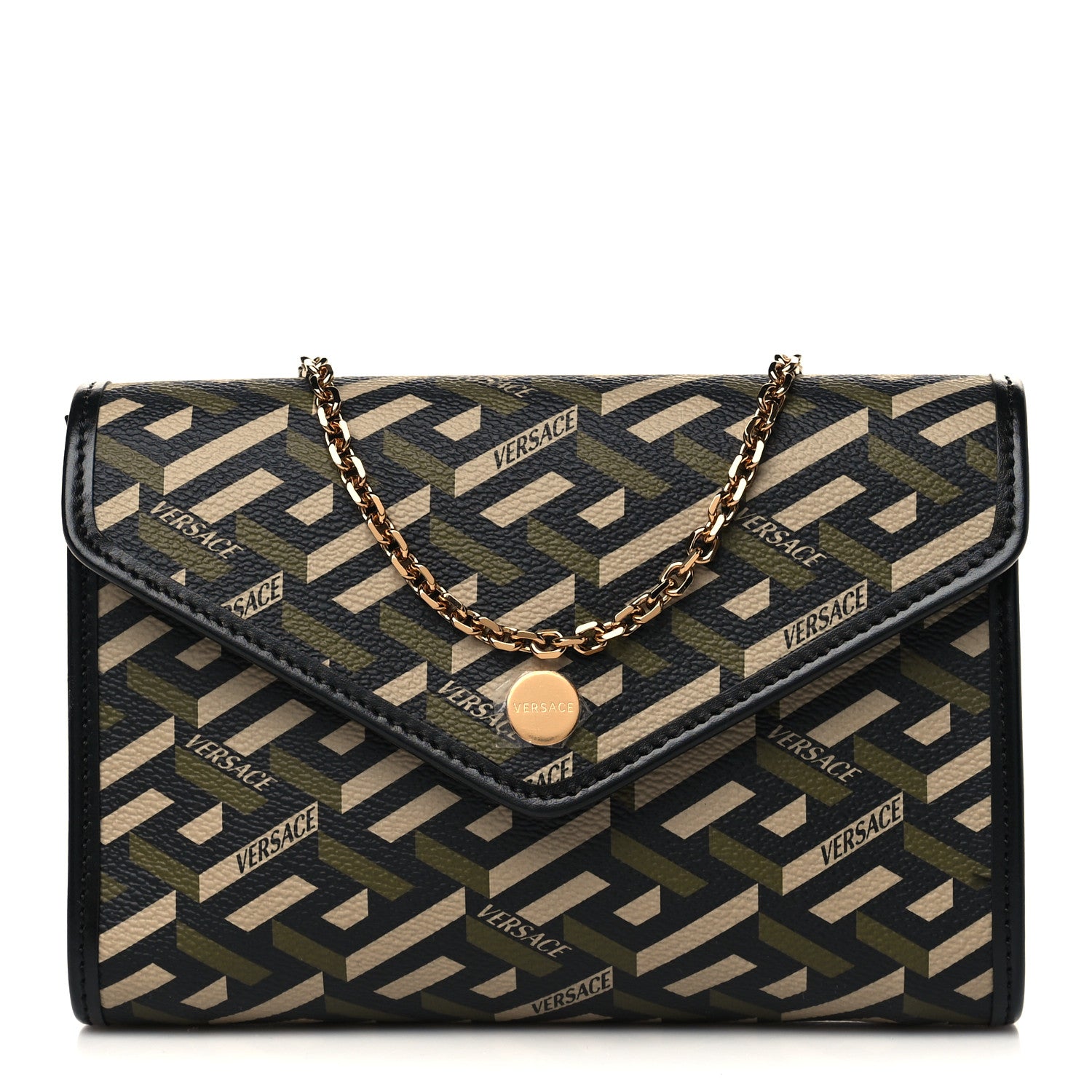 Versace Coated Canvas La Greca Signature Wallet On Chain Black Khaki 1 of 5