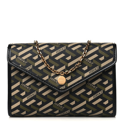 Versace Coated Canvas La Greca Signature Wallet On Chain Black Khaki 1 of 5