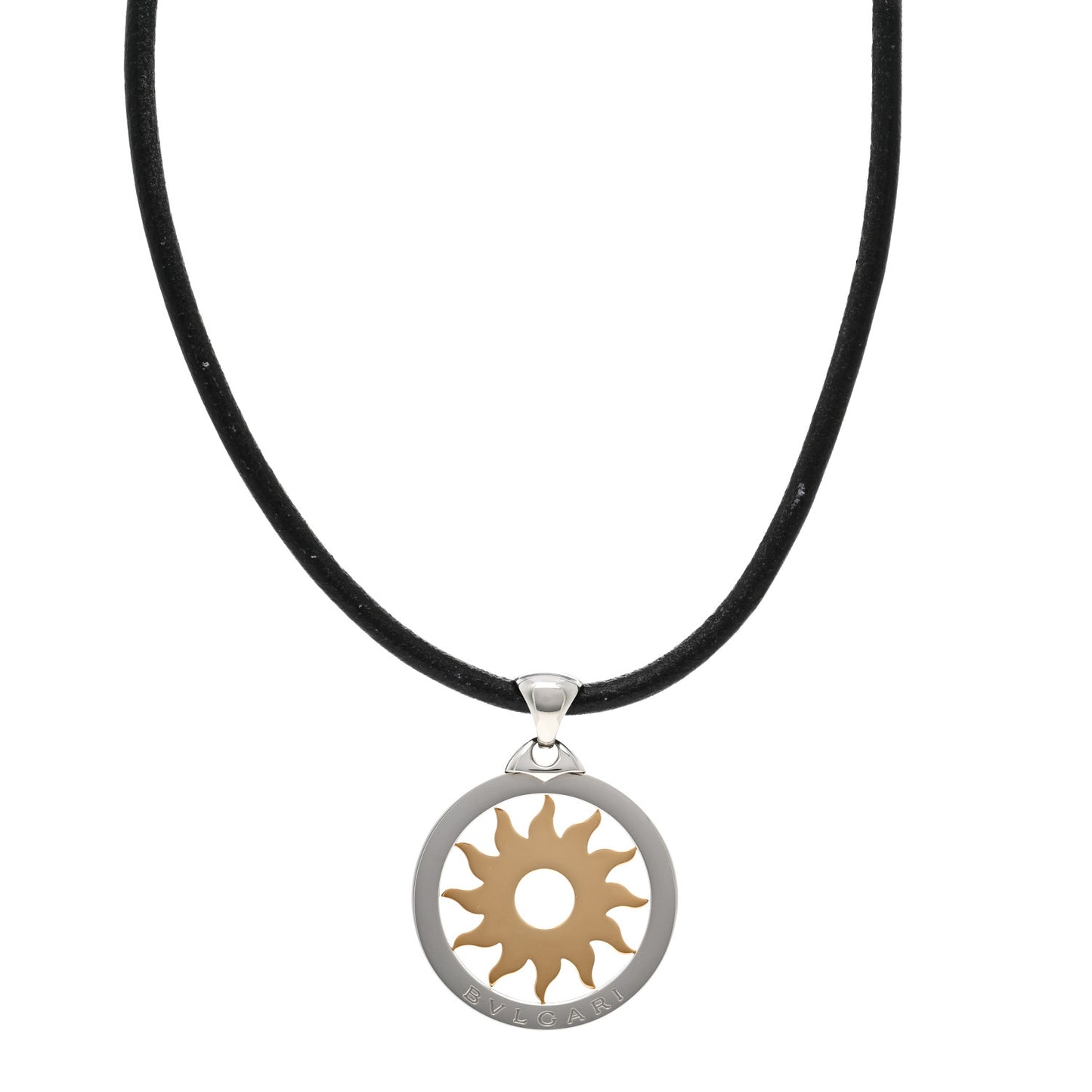 18K Yellow Gold Stainless Steel Calfskin Tondo Sun Pendant Necklace Black