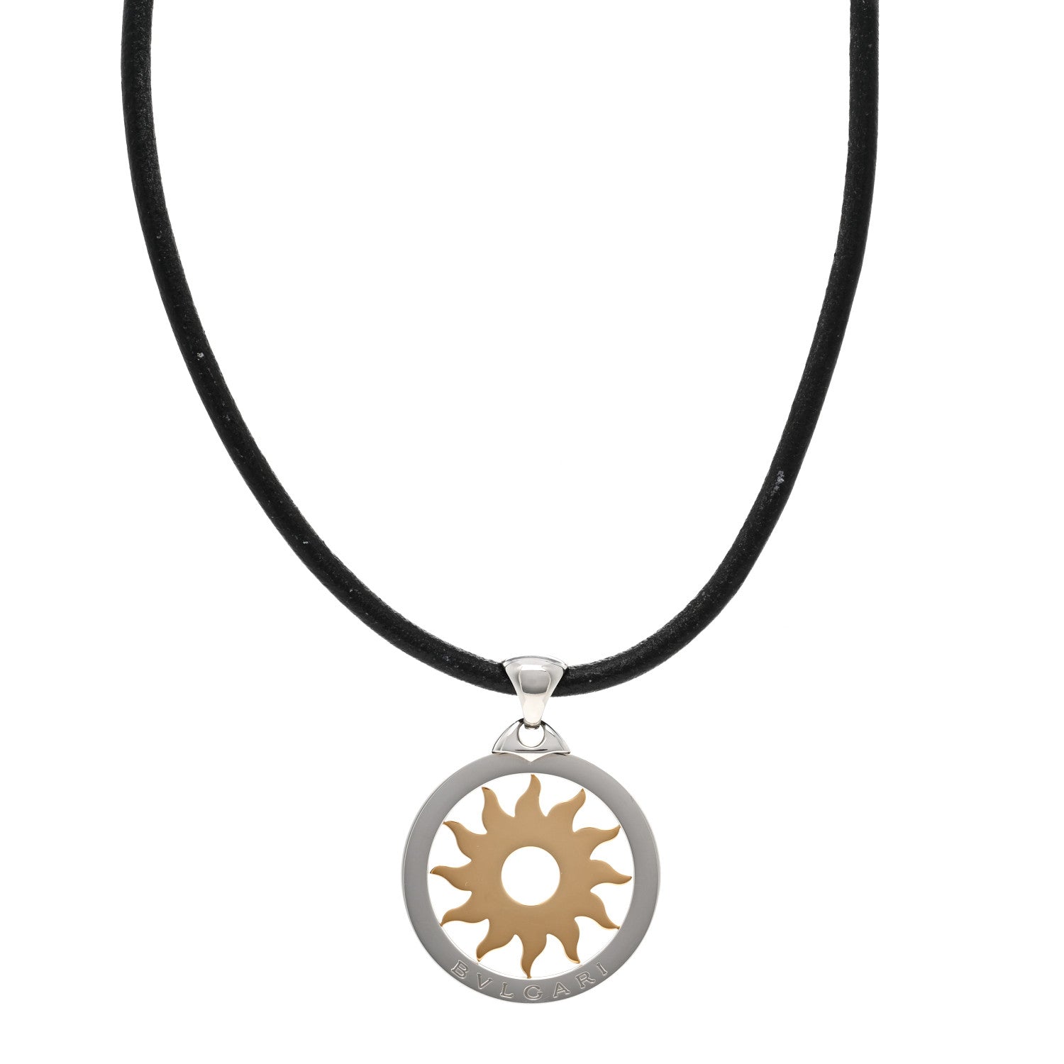 Bulgari 18K Yellow Gold Stainless Steel Calfskin Tondo Sun Pendant Necklace Black 1 of 5