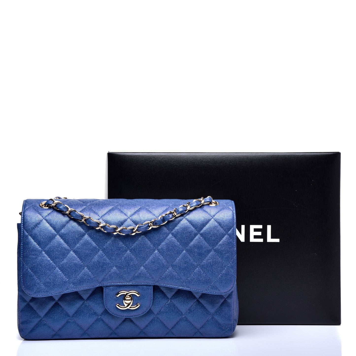 Iridescent Caviar Quilted Jumbo Double Flap Dark Blue