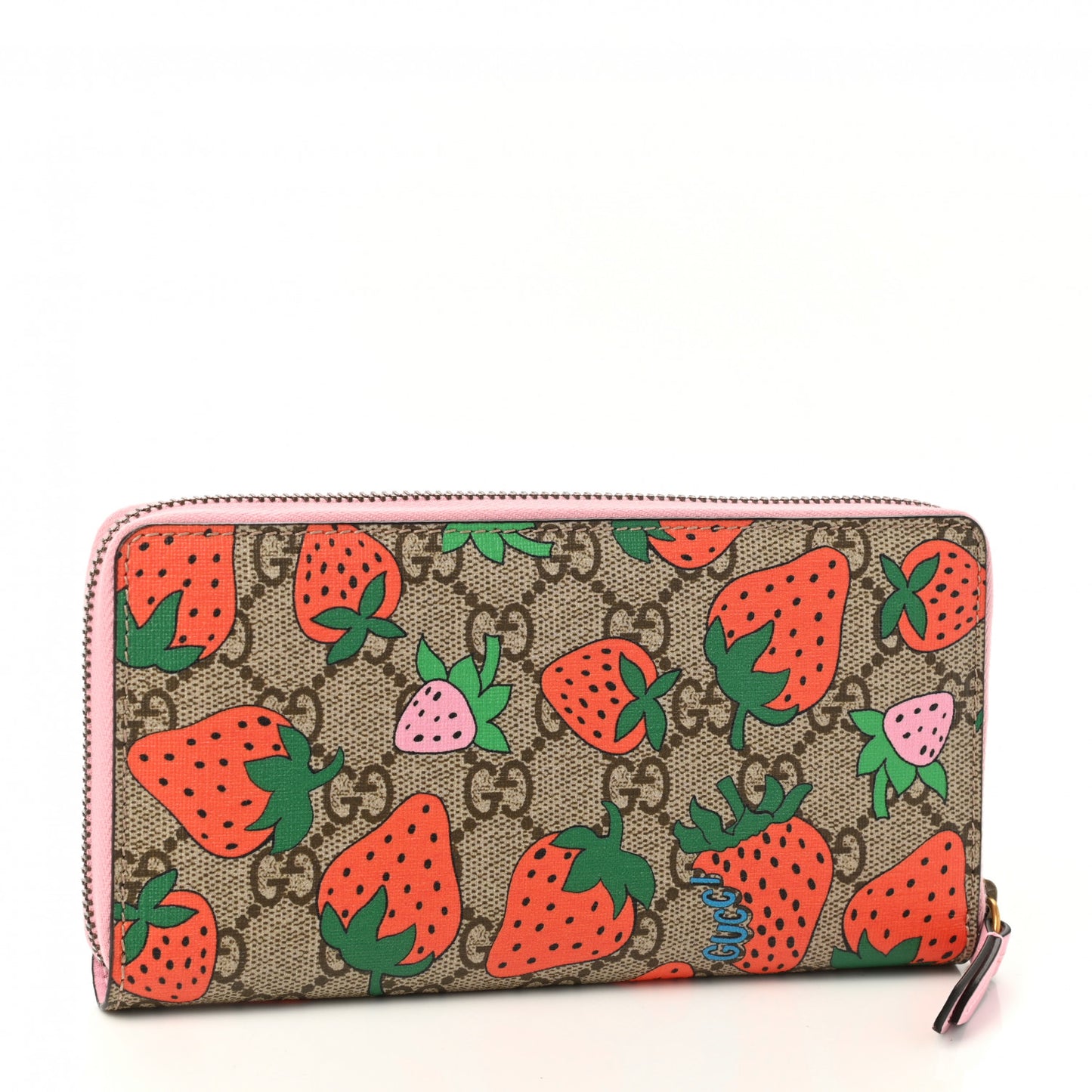 GG Supreme Monogram Strawberry Zip Around Wallet Light Pink