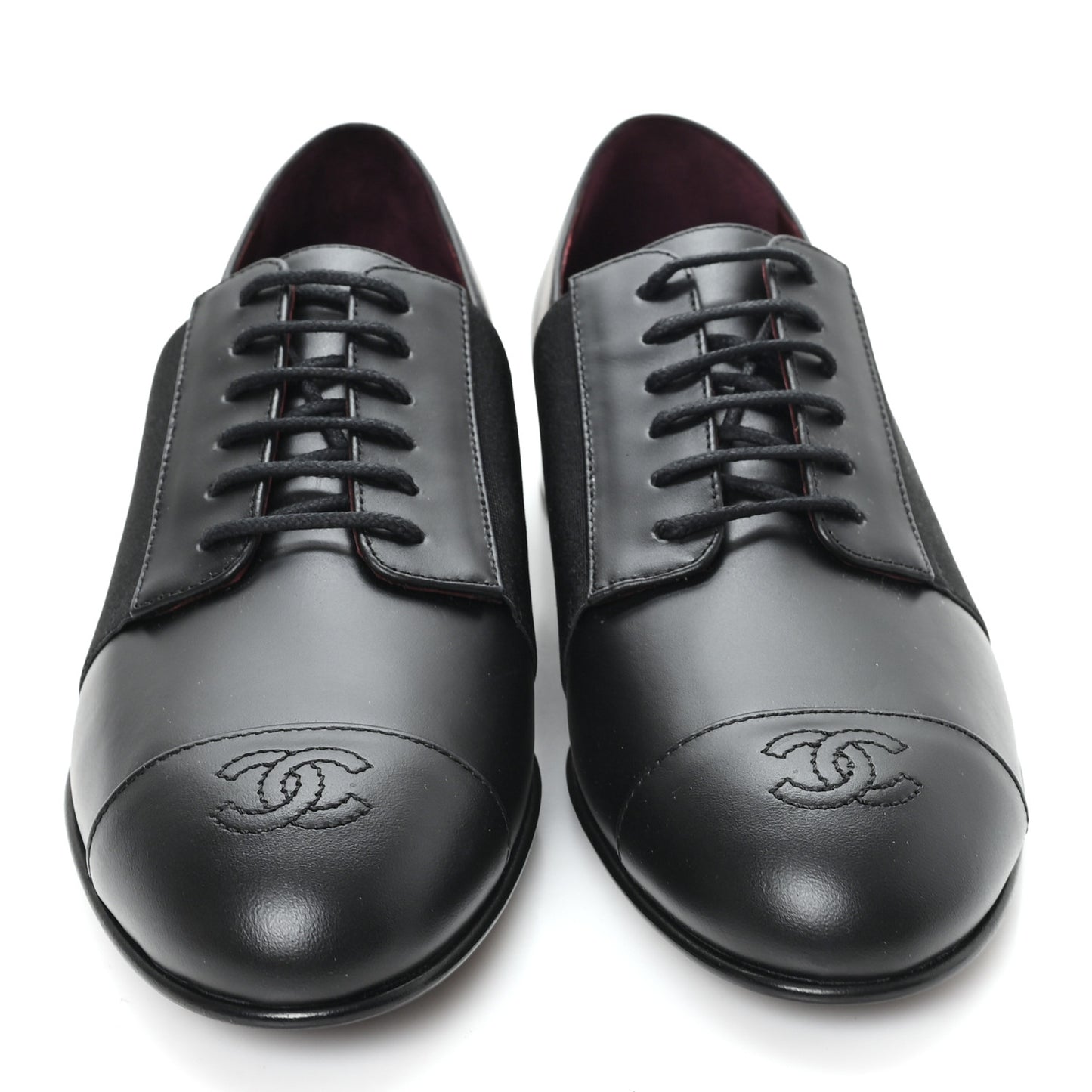 Calfskin Elastic Lace Up Cap Toe CC Loafers 37.5 Black