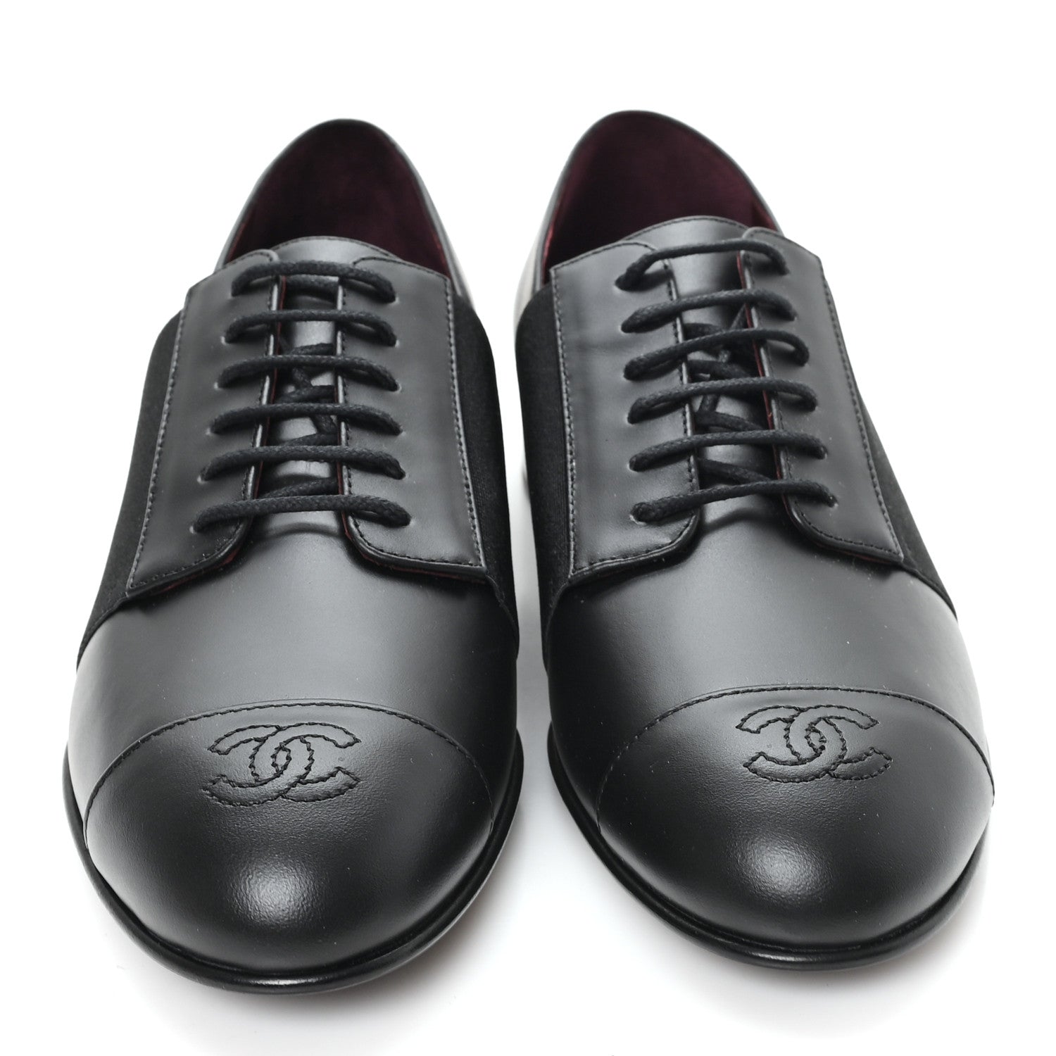 Chanel Calfskin Elastic Lace Up Cap Toe CC Loafers 37.5 Black 3 of 9
