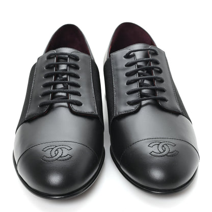 Chanel Calfskin Elastic Lace Up Cap Toe CC Loafers 37.5 Black 3 of 9
