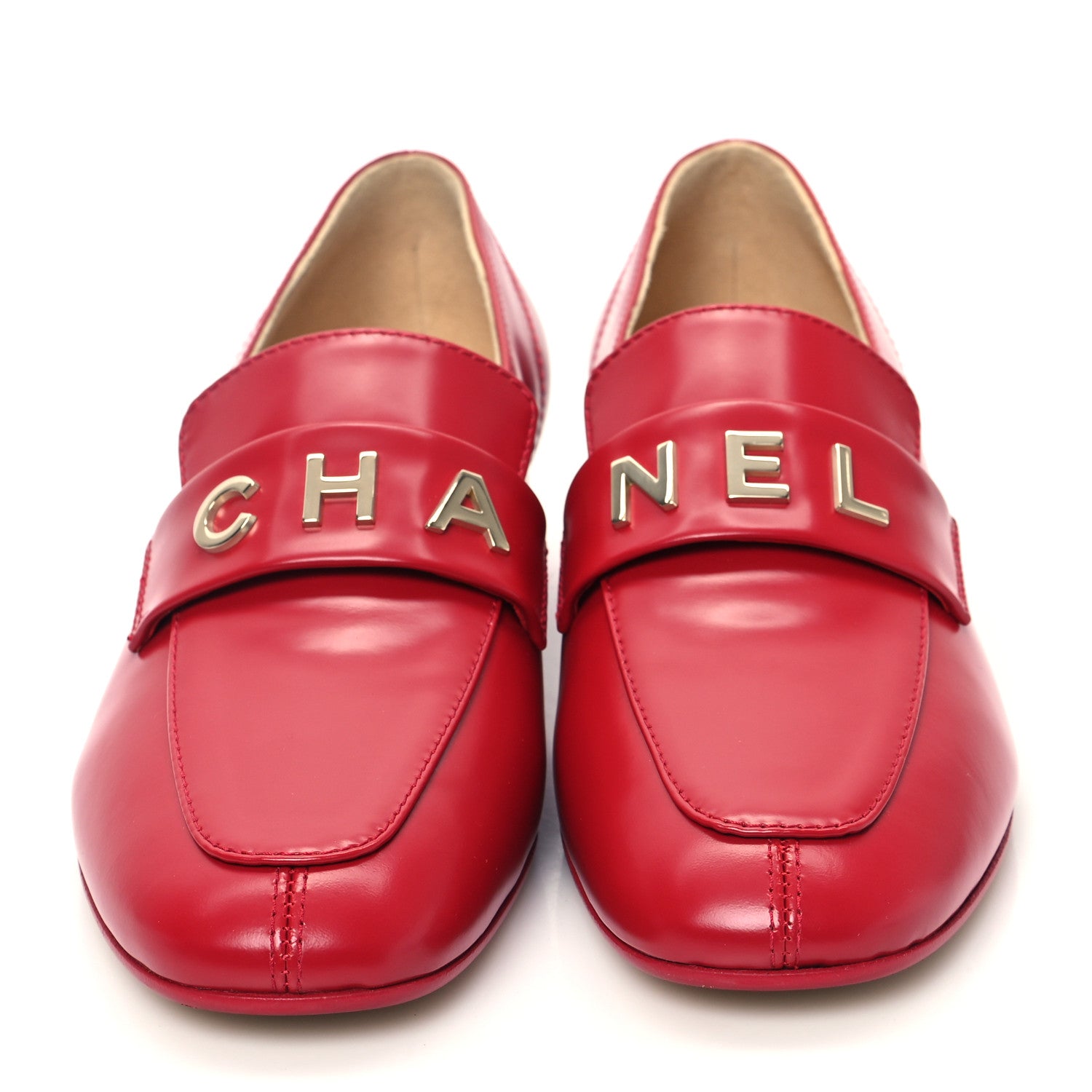 Chanel Shiny Calfskin Logo Loafers 37.5 Red 2 of 9