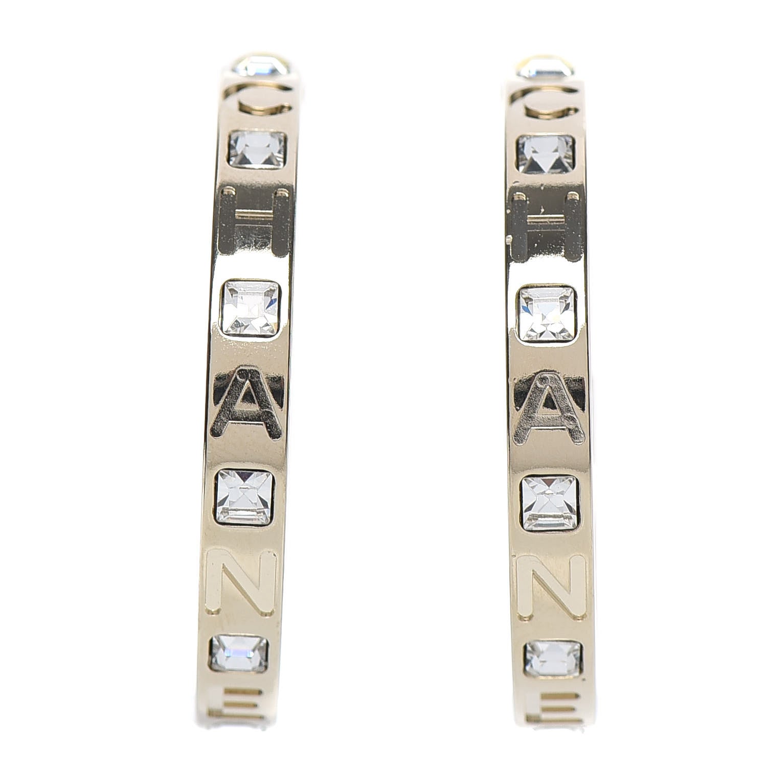 Chanel Metal Baguette Crystal Logo CC Hoop Earrings Gold 1 of 6