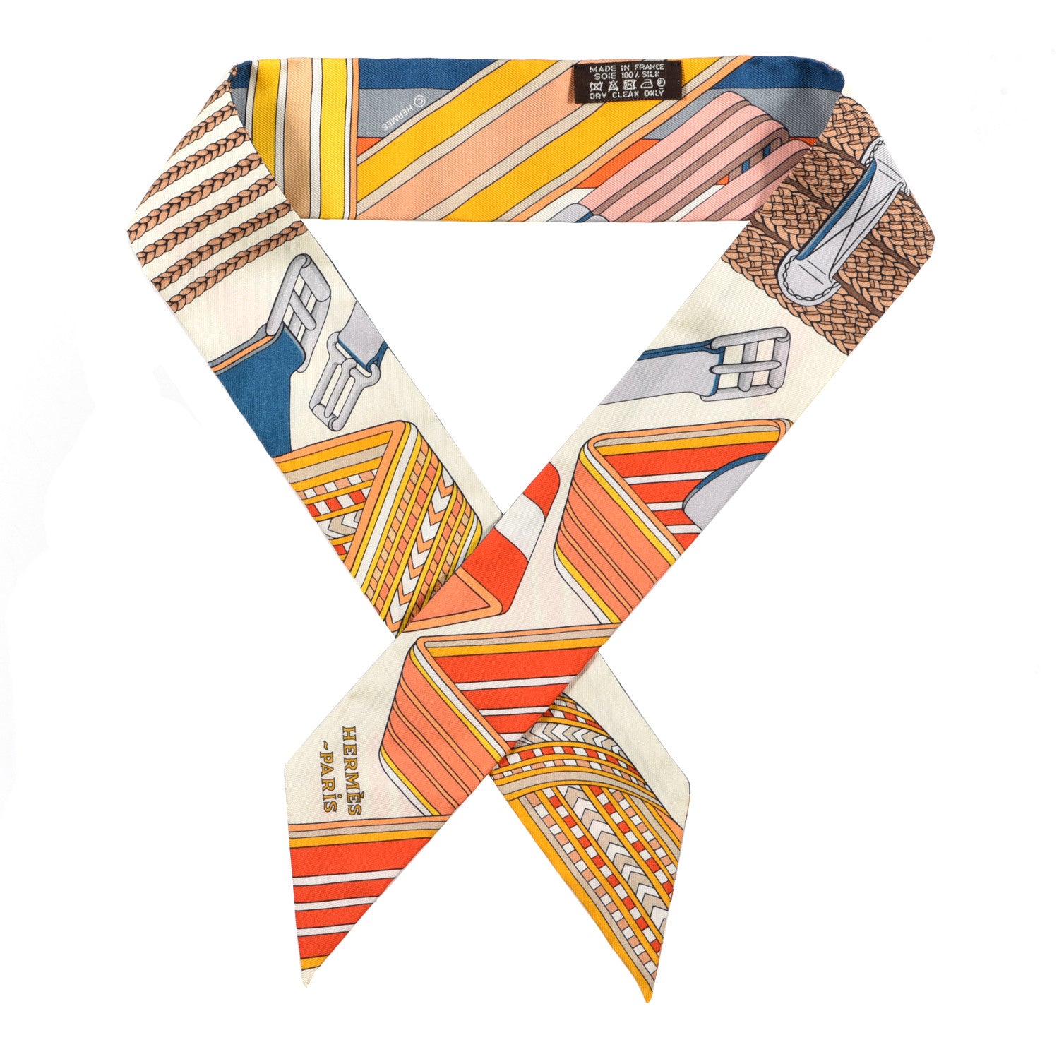 Hermes Silk Sangles En Zigzag Twilly Ivory Orange Bleu 1 of 4