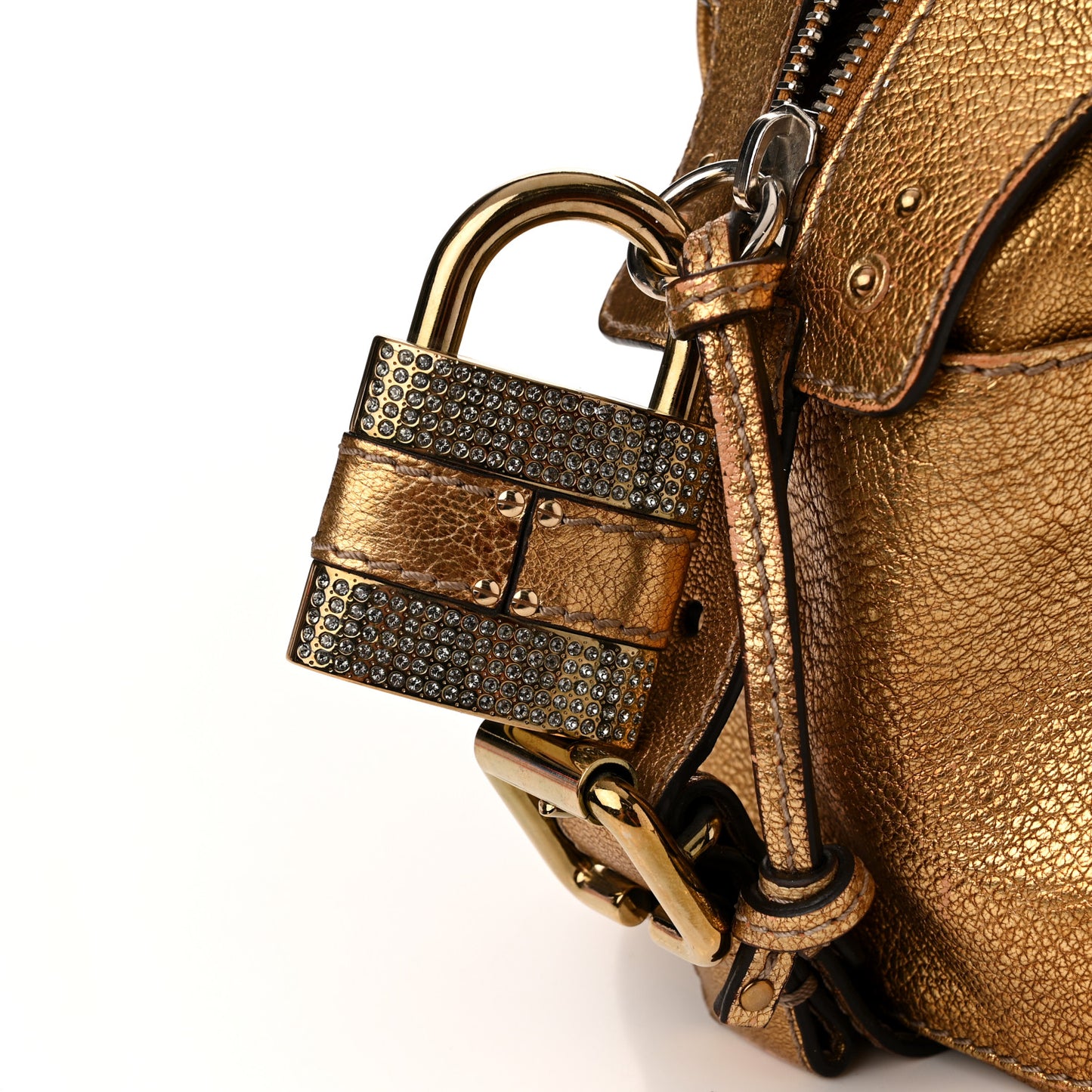 Metallic Calfskin Crystal Paddington Satchel Gold