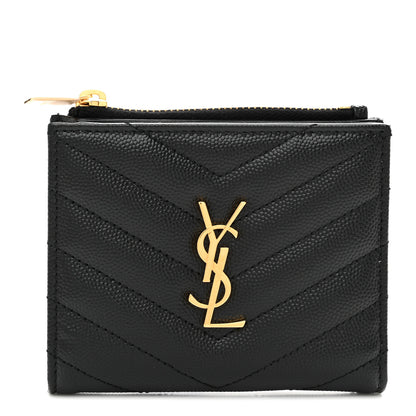 Saint Laurent Grain De Poudre Matelasse Chevron Monogram Zipped Card Case Black 1 of 8