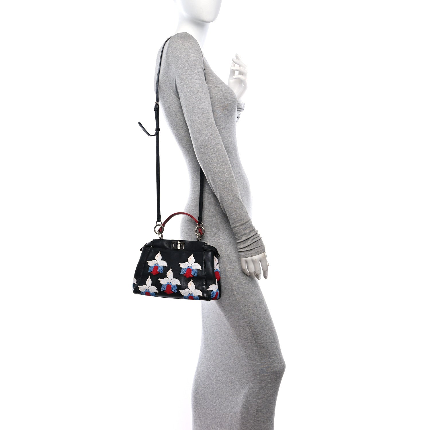 Fendi Nappa Orchid Embroidered Mini Peekaboo Iconic Satchel Black 2 of 11