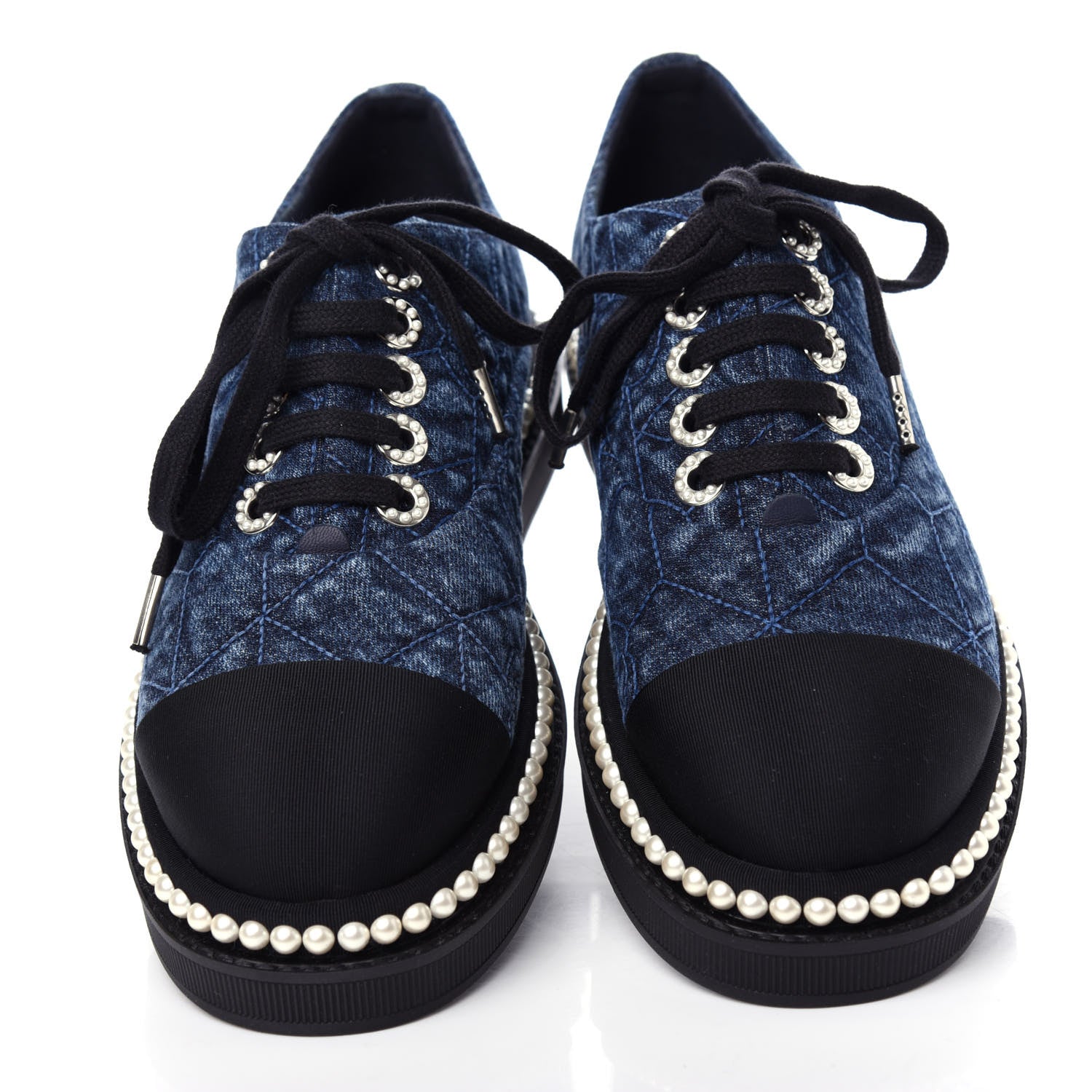Chanel Denim Grosgrain Camellia Pearl Lace Up Sneakers 36 Blue Black 5 of 11