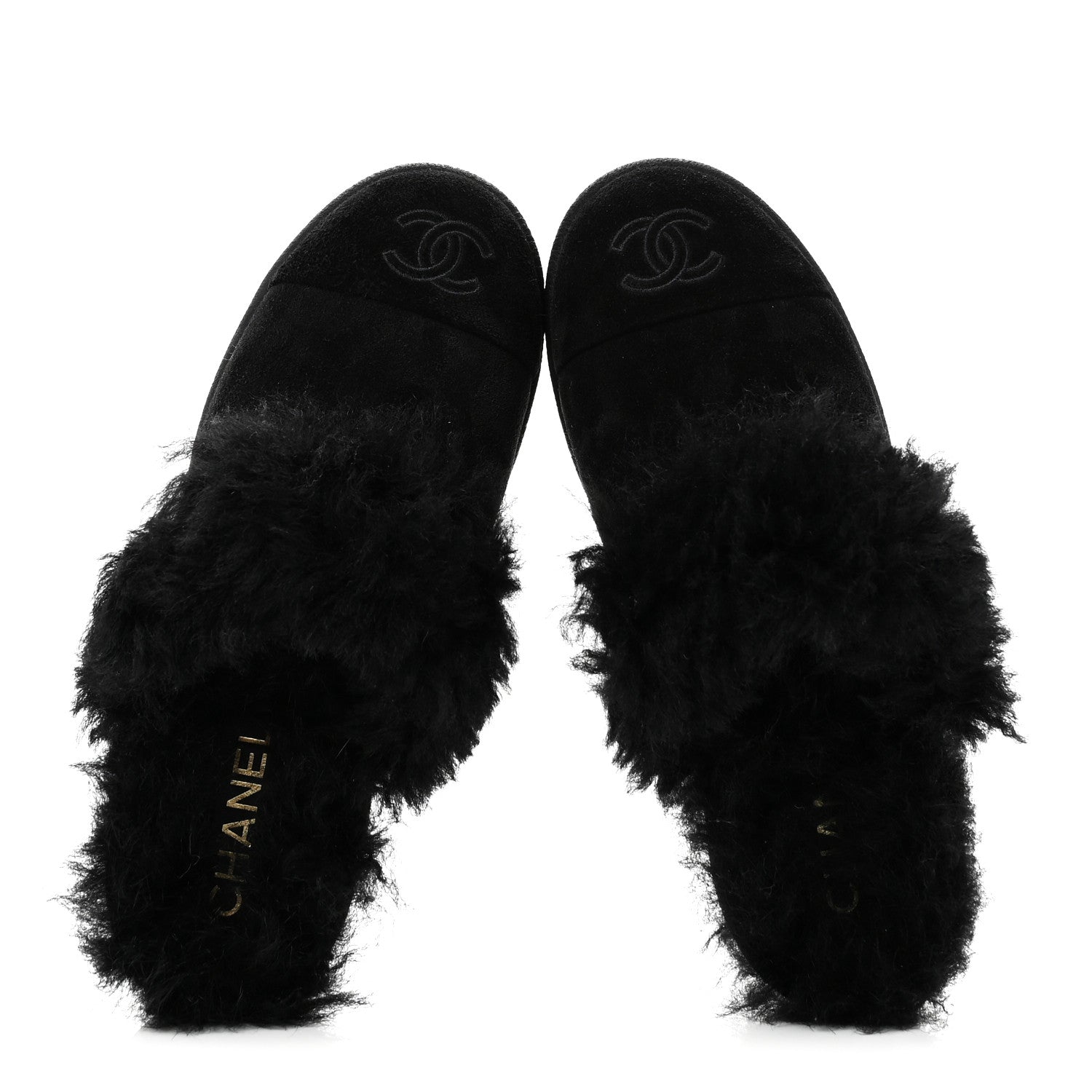 Chanel Suede Shearling CC Cap Toe Mules 36 Black 1866153