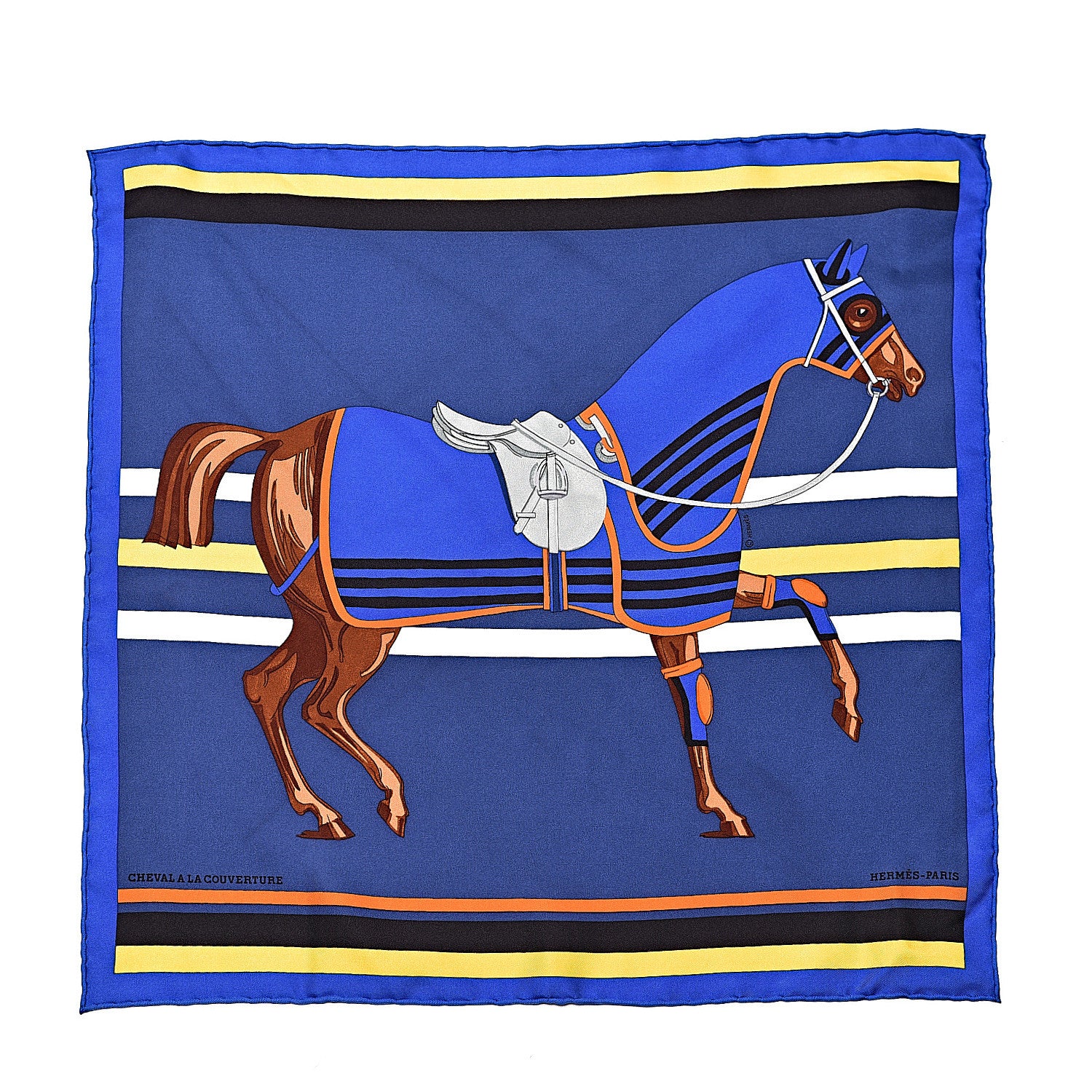 Hermes Silk Cheval A La Couverture Pocket Square Scarf Black Orange Jaune 1 of 6