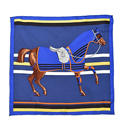 Hermes Silk Cheval A La Couverture Pocket Square Scarf Black Orange Jaune 1 of 6
