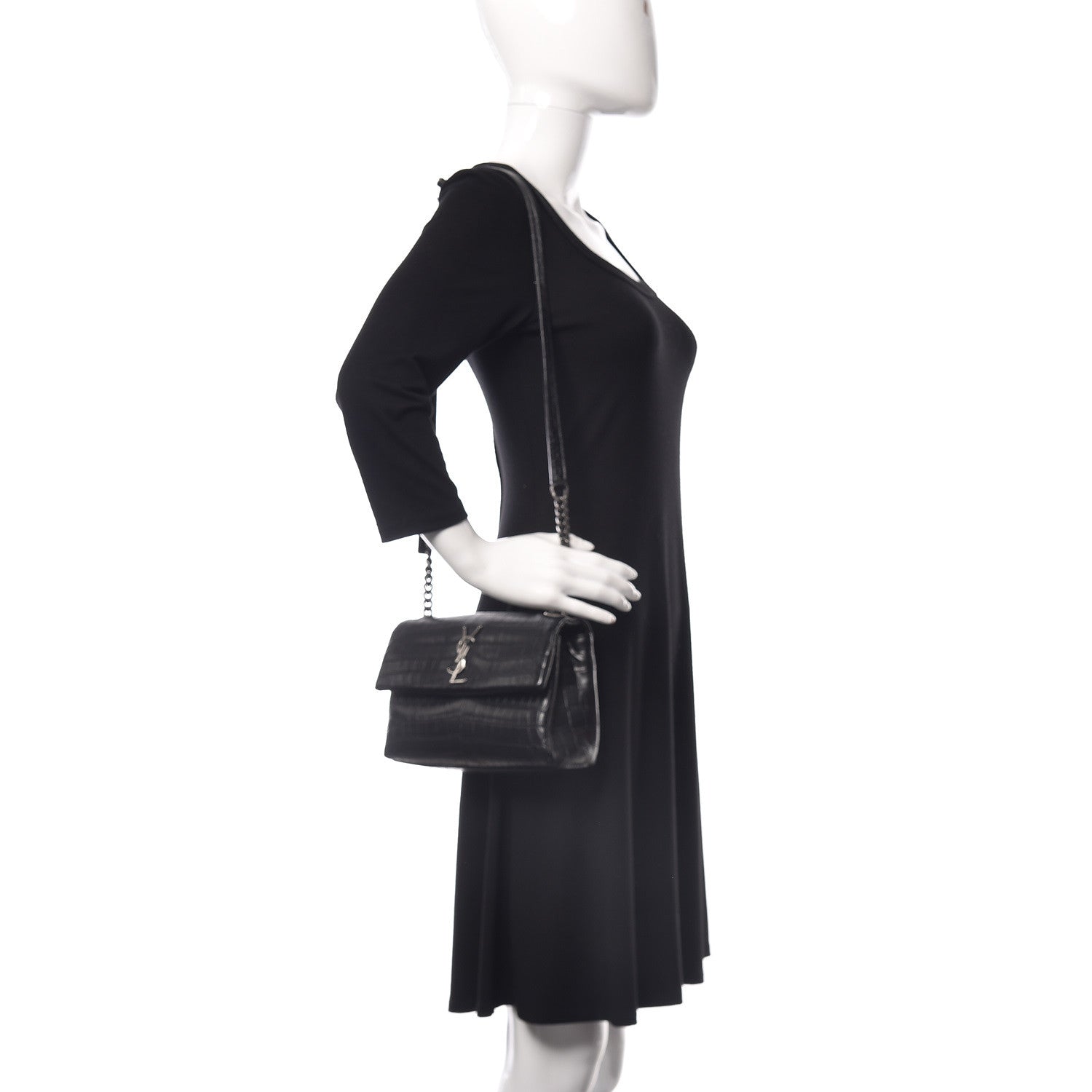 Saint Laurent Calfskin Crocodile Embossed Small West Hollywood Monogram Fold-Over Black 2 of 10