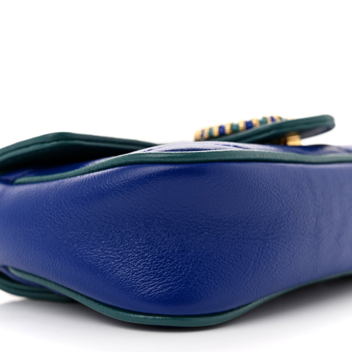 Azalea Calfskin Enamel Matelasse Diagonal Super Mini Torchon GG Marmont Shoulder Bag Imperial Blue Pavone