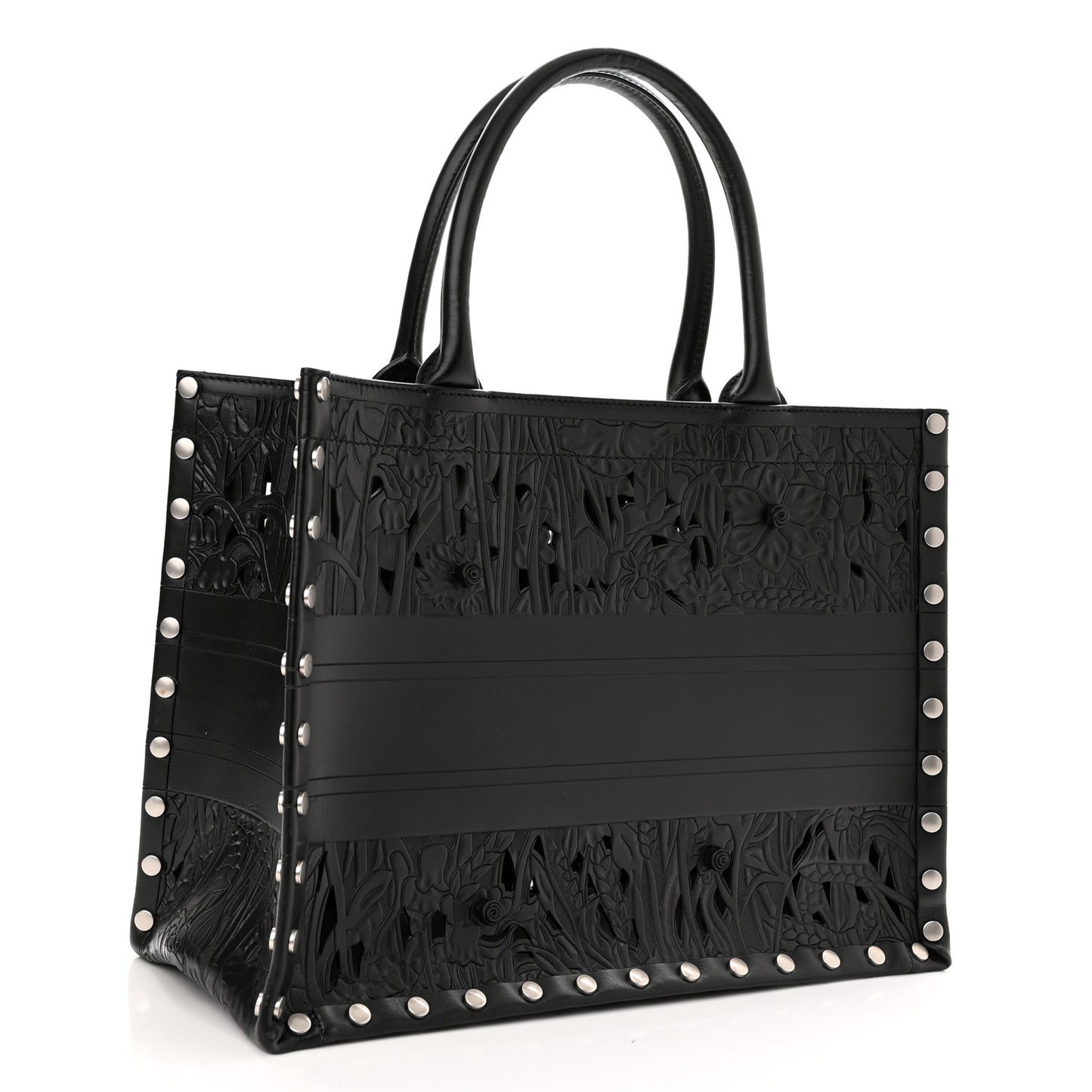 Calfskin Laser Cut Studded Medium Book Tote Black