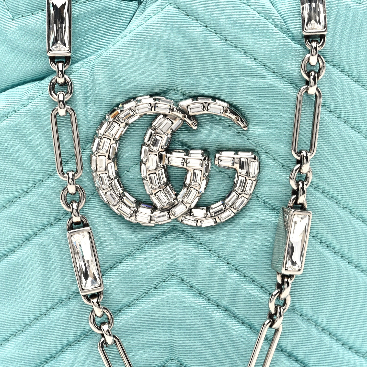 Gucci Moire Fabric Calfskin Crystal Matelasse Mini GG Marmont 2.0 Bucket Bag Dark Ocean Wave Crystal 7 of 9