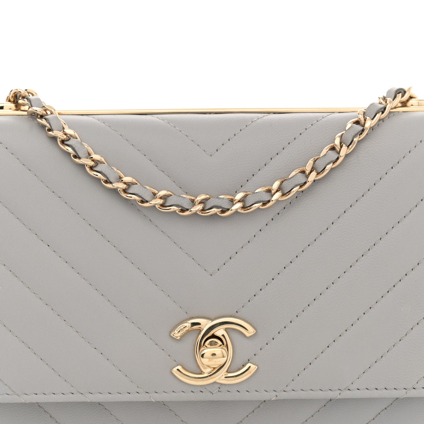Lambskin Chevron Quilted Trendy CC Wallet On Chain WOC Grey