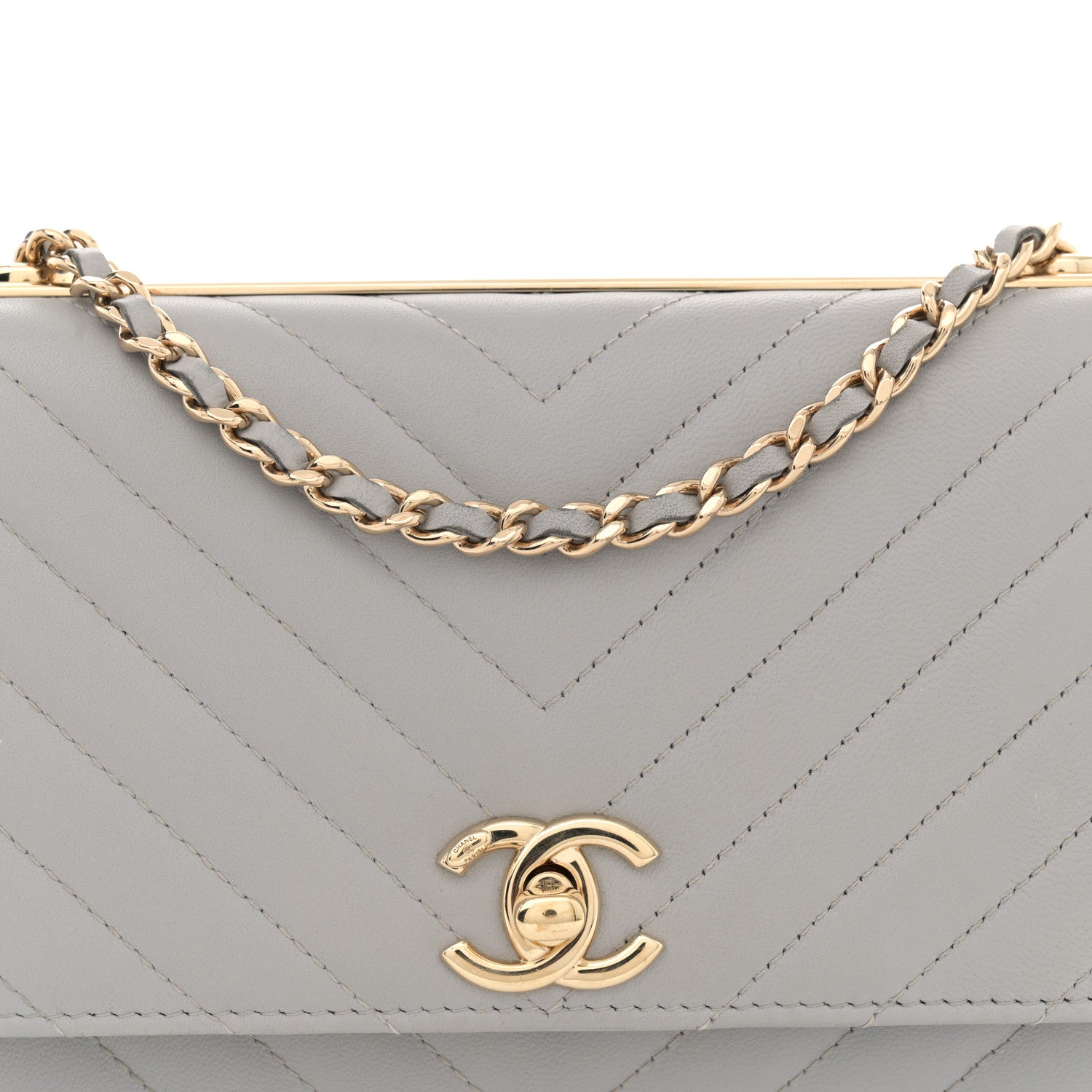 Chanel Lambskin Chevron Quilted Trendy CC Wallet On Chain WOC Grey 8 of 12