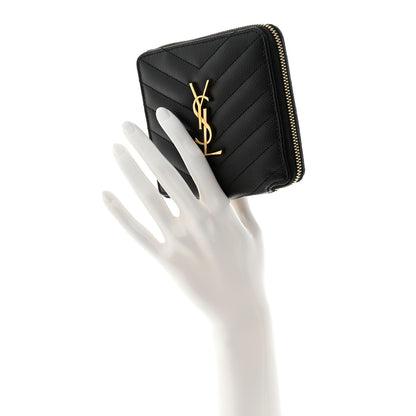 Saint Laurent Grain De Poudre Matelasse Chevron Monogram Compact Zip Around Wallet Black 2 of 6