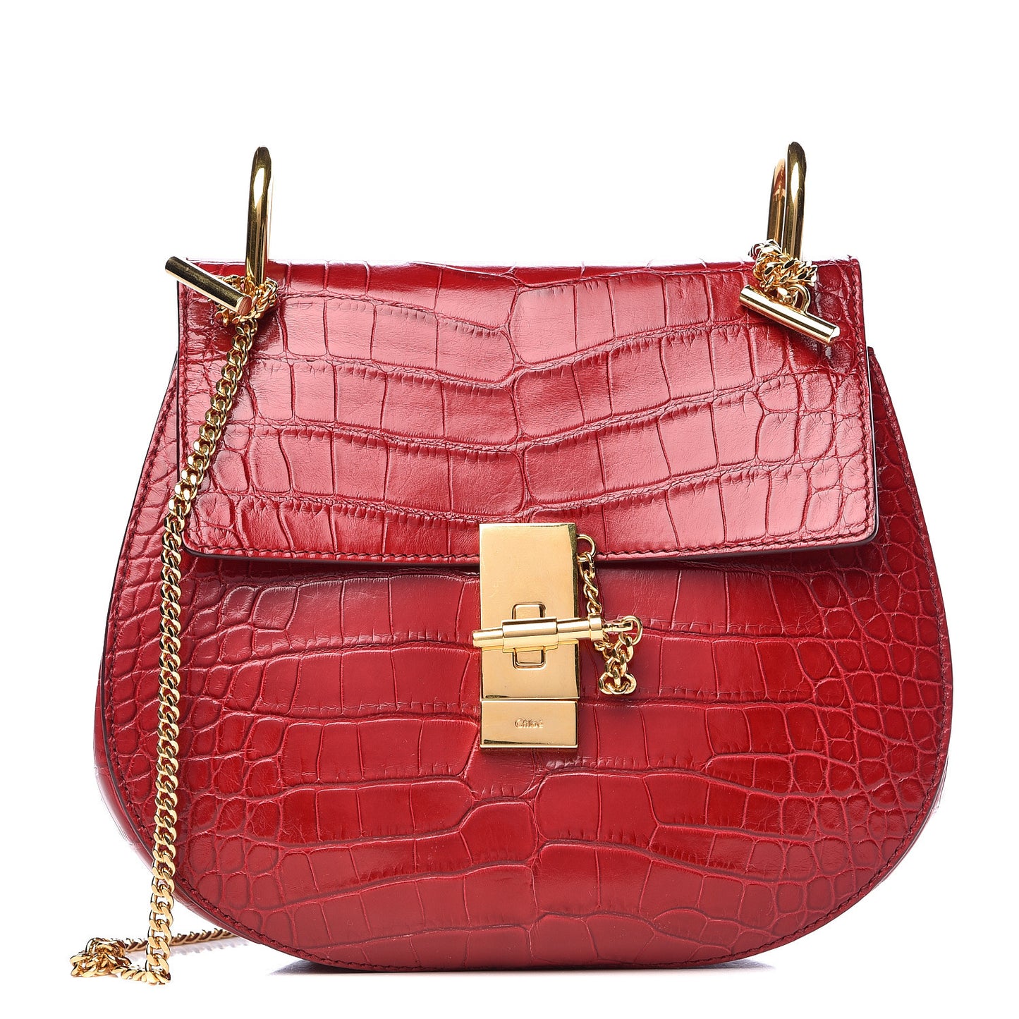 Alligator Calfskin Embossed Drew Shoulder Bag Red