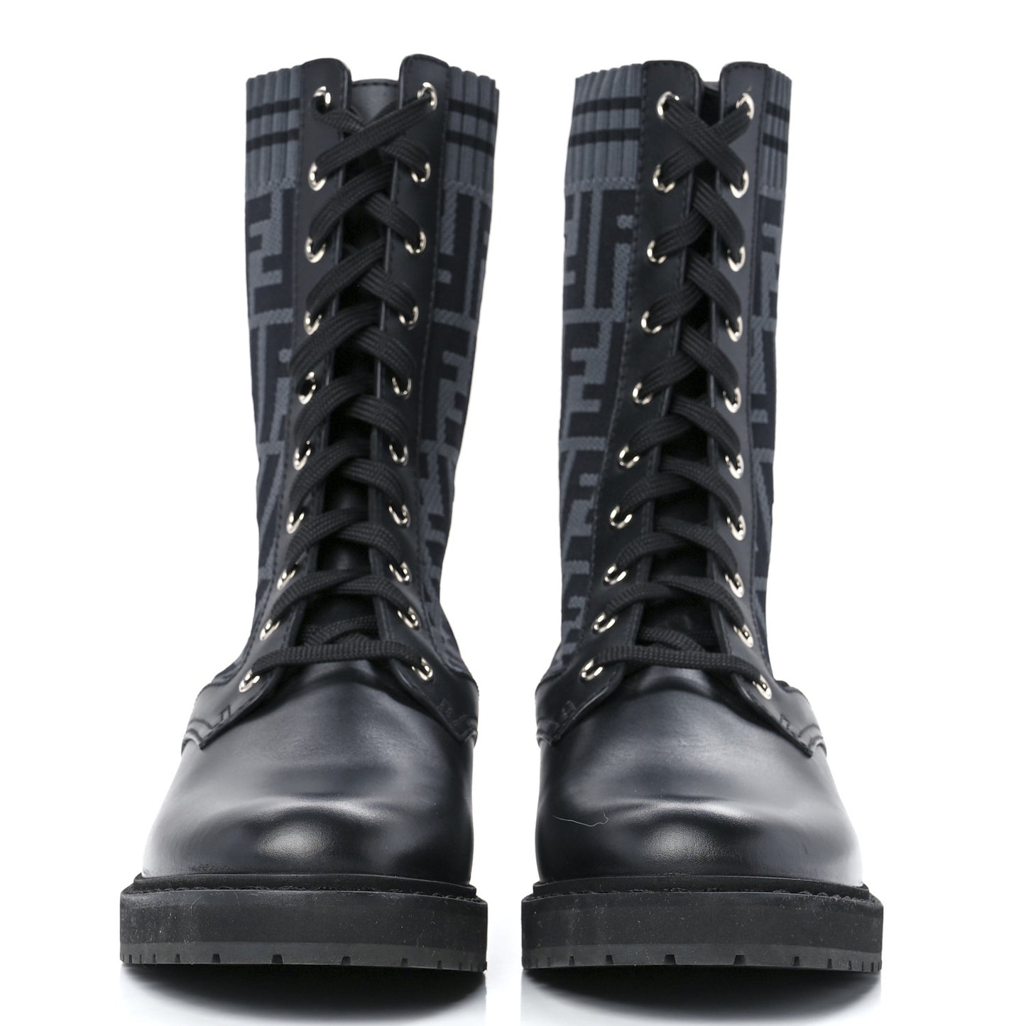 Calfskin Stretch Fabric FF Rockoko Biker Boots 38.5 Black Charcoal