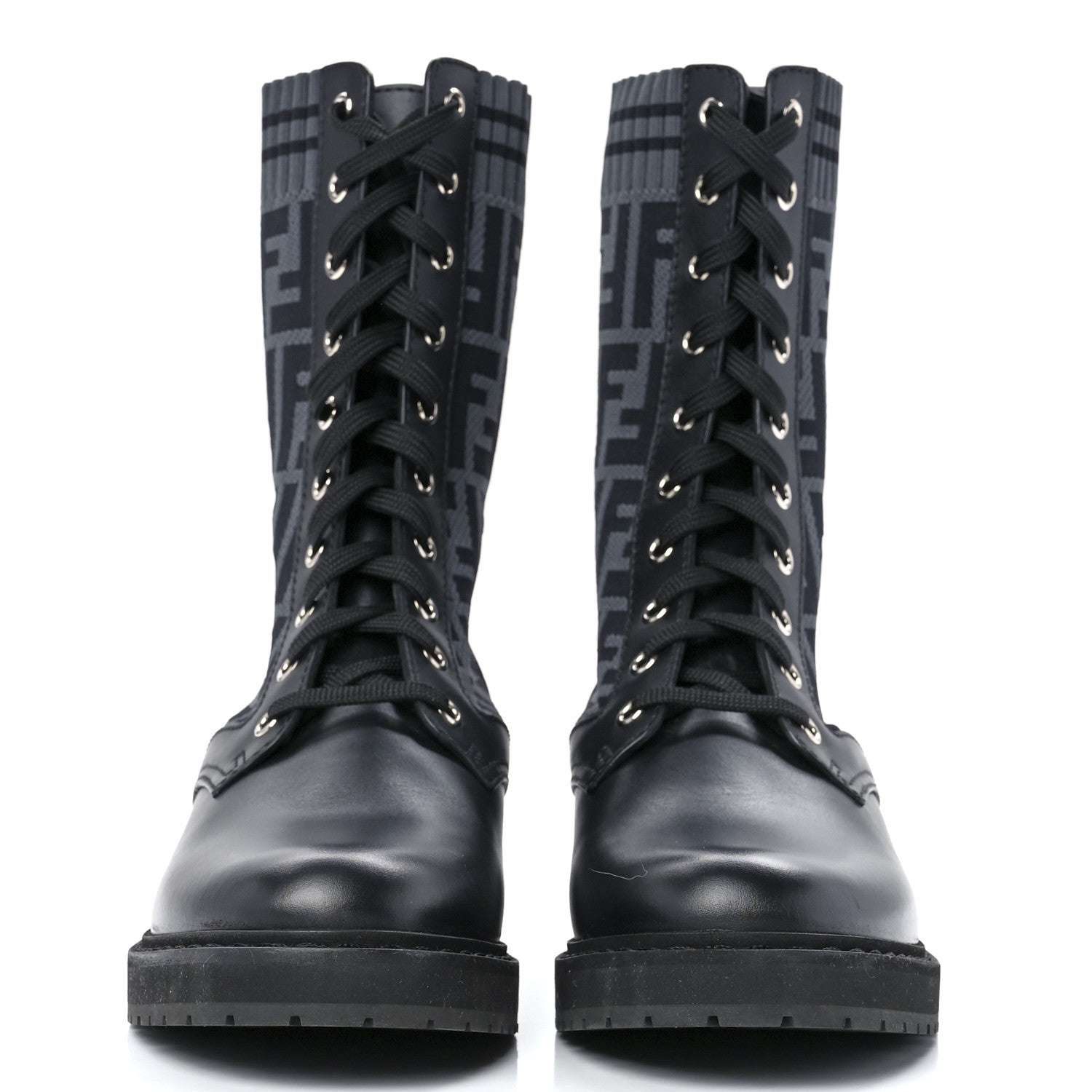Fendi Calfskin Stretch Fabric FF Rockoko Biker Boots 38.5 Black Charcoal 2 of 8