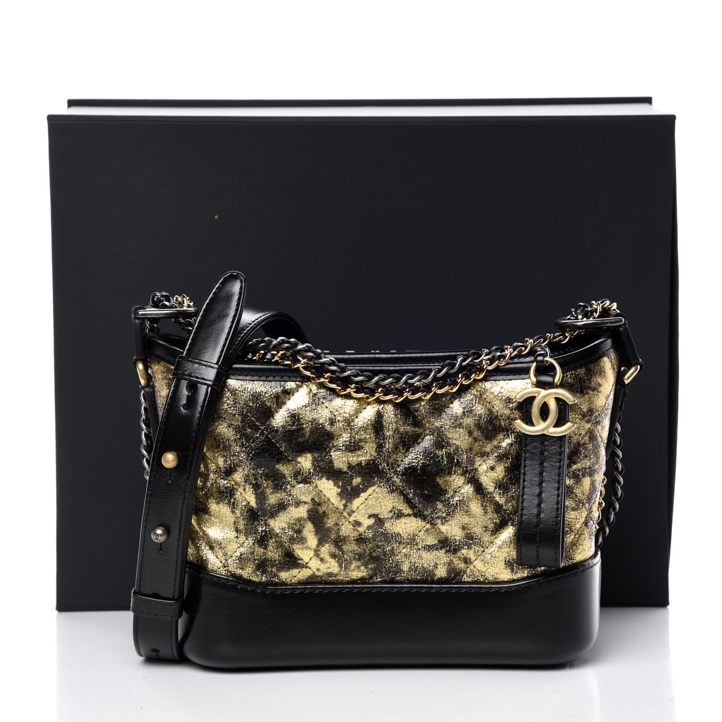 Metallic Crumpled Goatskin Quilted Small Gabrielle Hobo Black Gold