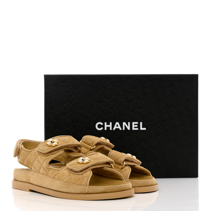 Chanel Suede Calfskin Pearl Velcro Dad Sandals 35 Beige 9 of 9