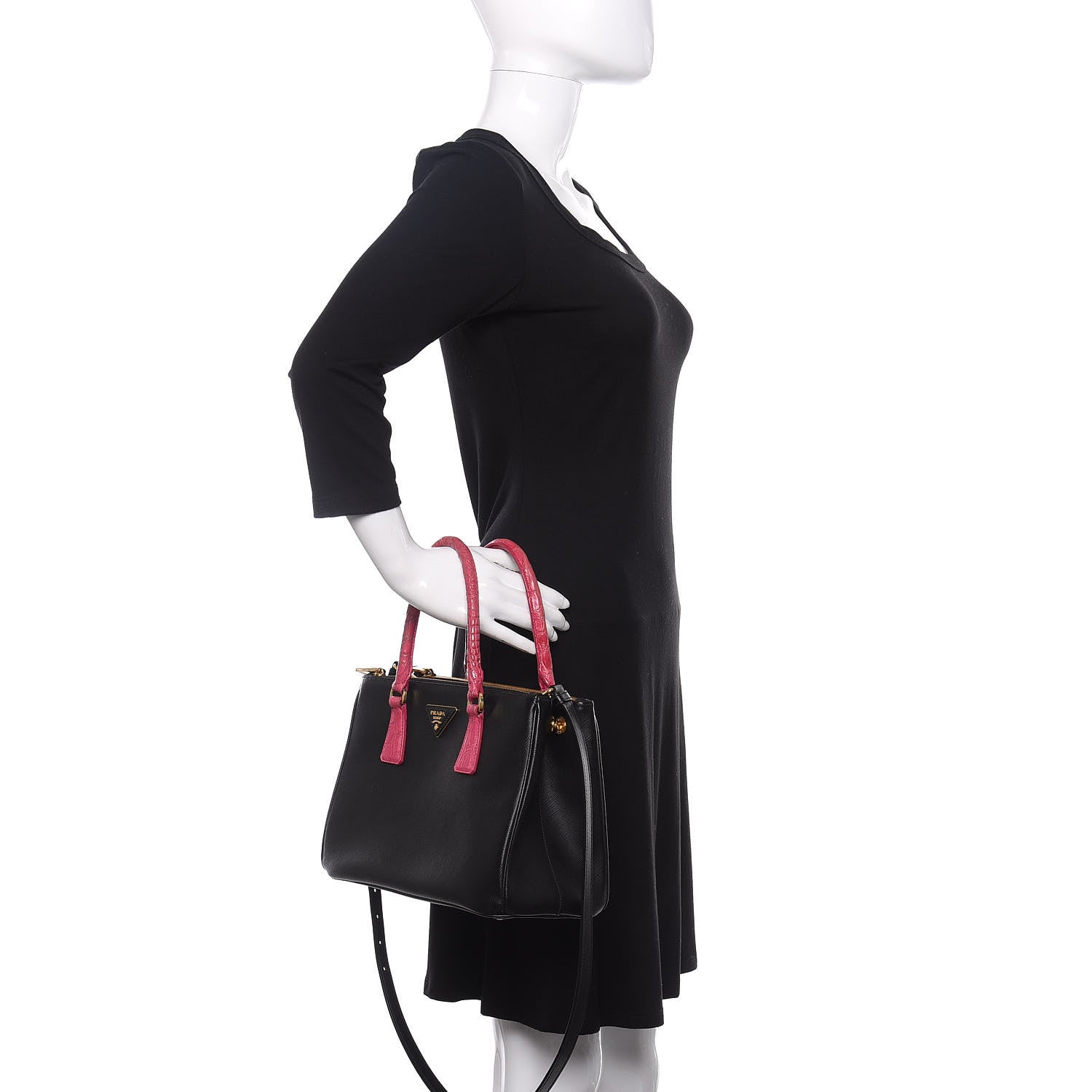 Prada Saffiano Crocodile Small Galleria Double Zip Tote Black 2 of 11