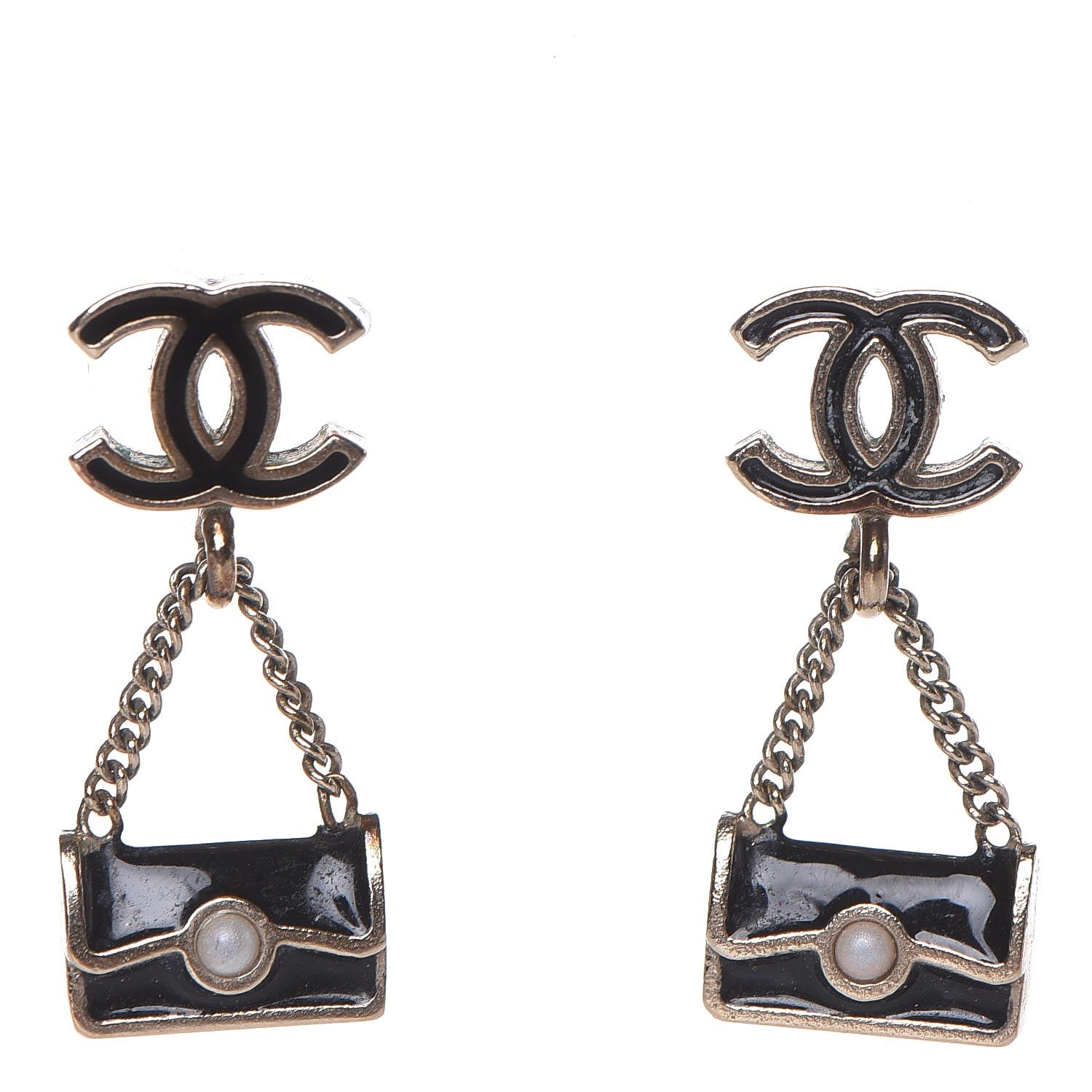 Chanel Enamel Pearl CC Flap Bag Drop Earrings Black Gold 1 of 3