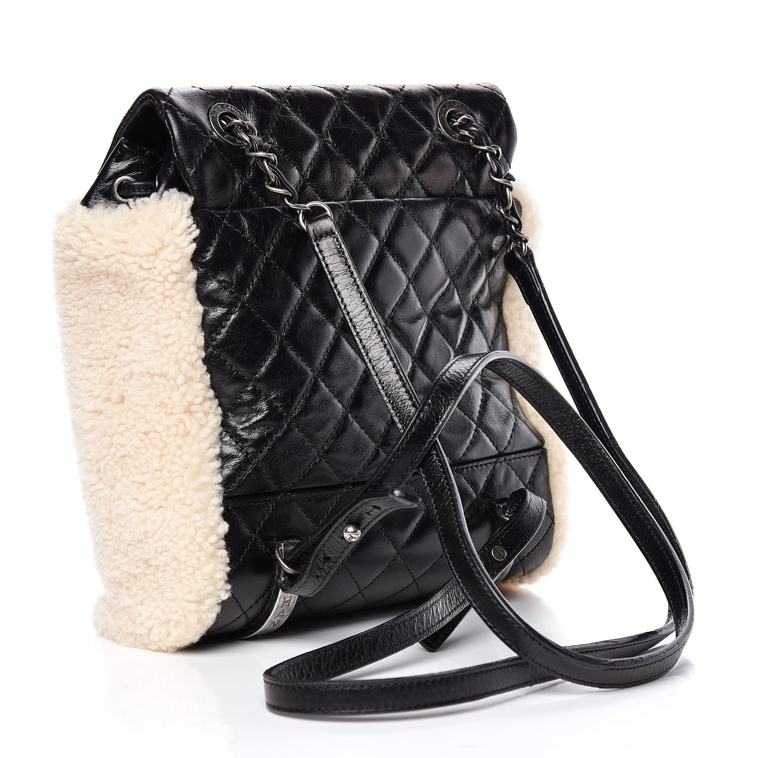 Chanel Glazed Calfskin Shearling Quilted Small Mountain Backpack Black Ivory 3 of 14