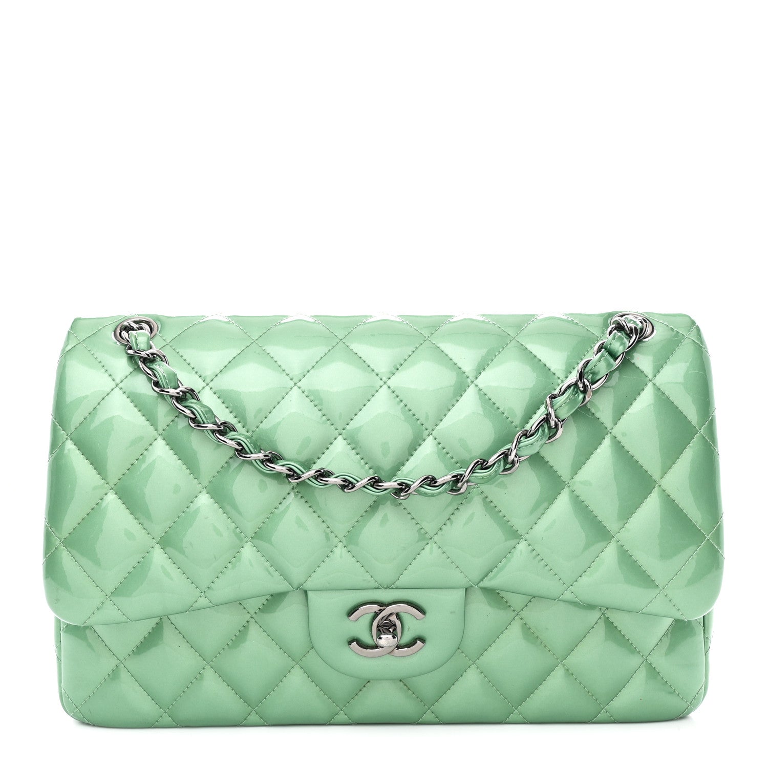 Chanel Patent Calfskin Quilted Jumbo Double Flap Green 1 of 11