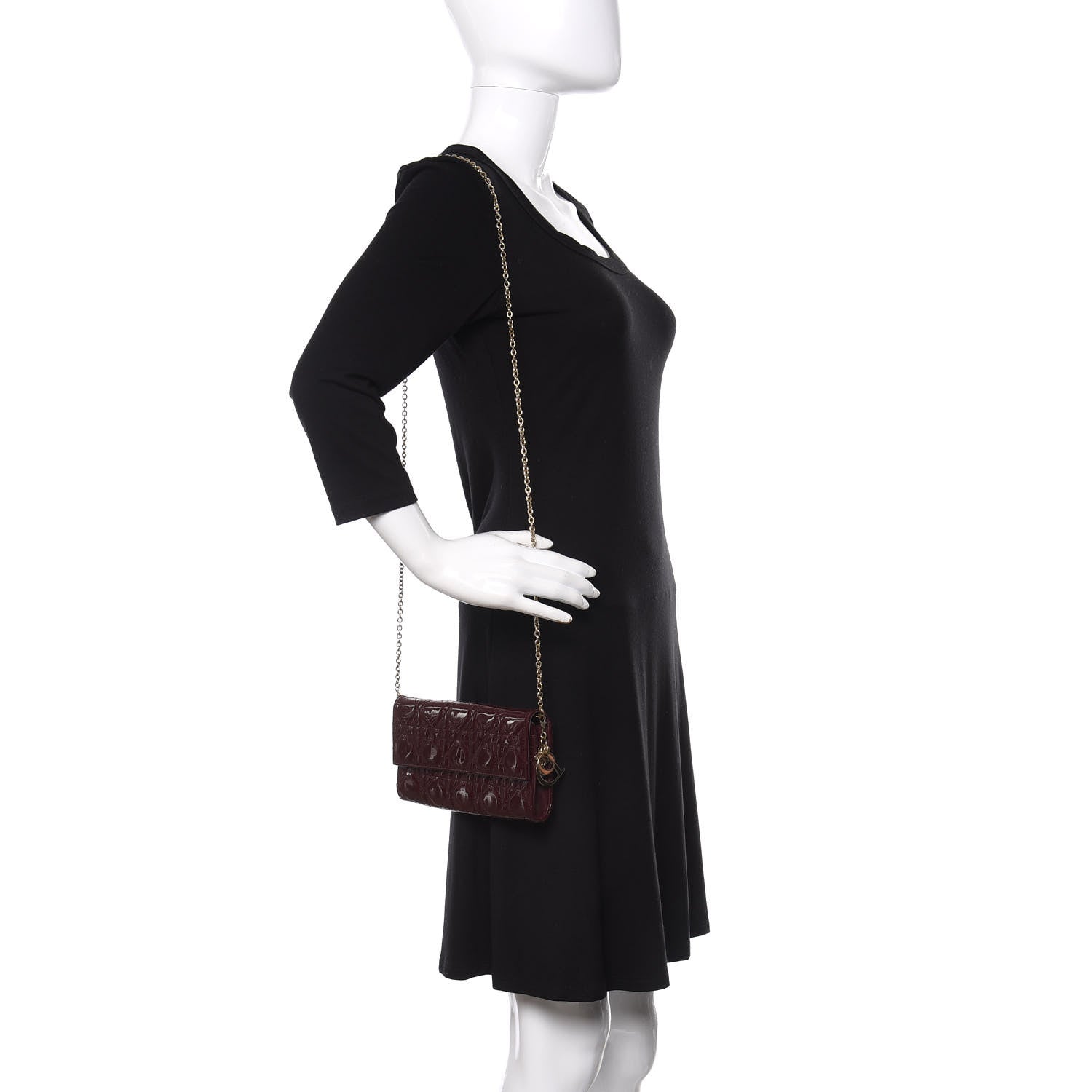 Christian Dior Patent Cannage Lady Dior Rendezvous Wallet On Chain Burgundy 2 of 9