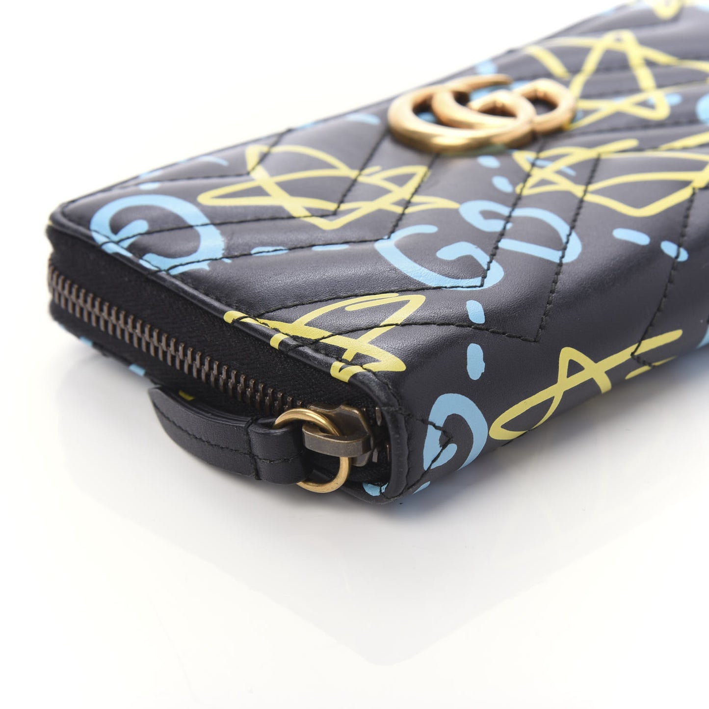 Calfskin Matelasse GucciGhost GG Marmont Zip Around Wallet Black New Acquamarine