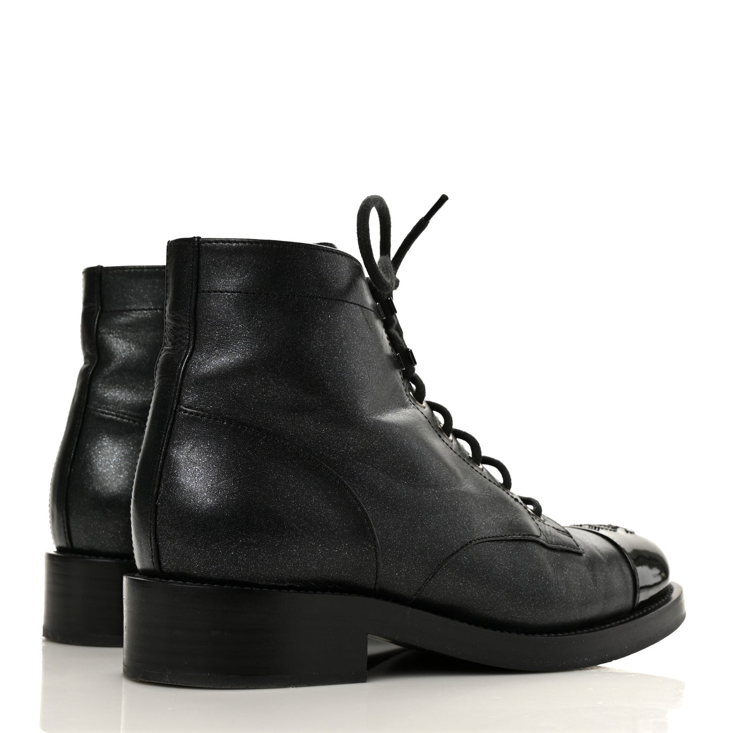 Iridescent Calfskin Patent Cap Toe Combat Boots 39.5 Black