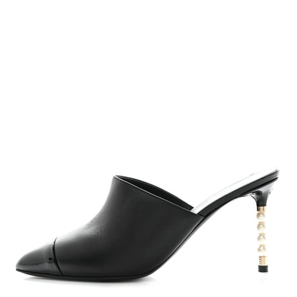 Chanel Lambskin Patent Cap Toe Pearl Mules 38.5 Black 1 of 8