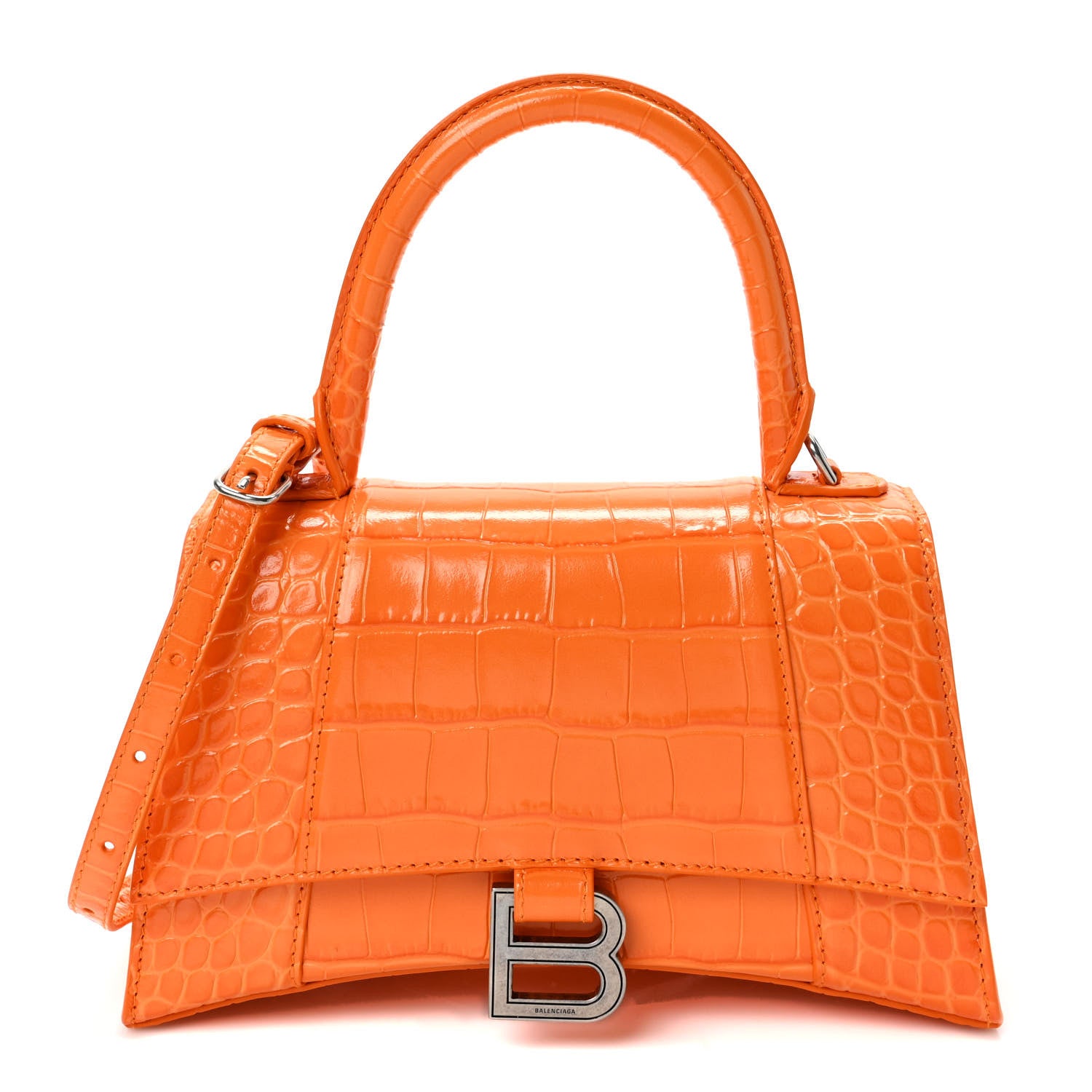 Balenciaga Shiny Calfskin Crocodile Embossed Small Hourglass Top Handle Bag Pop Orange 1 of 10