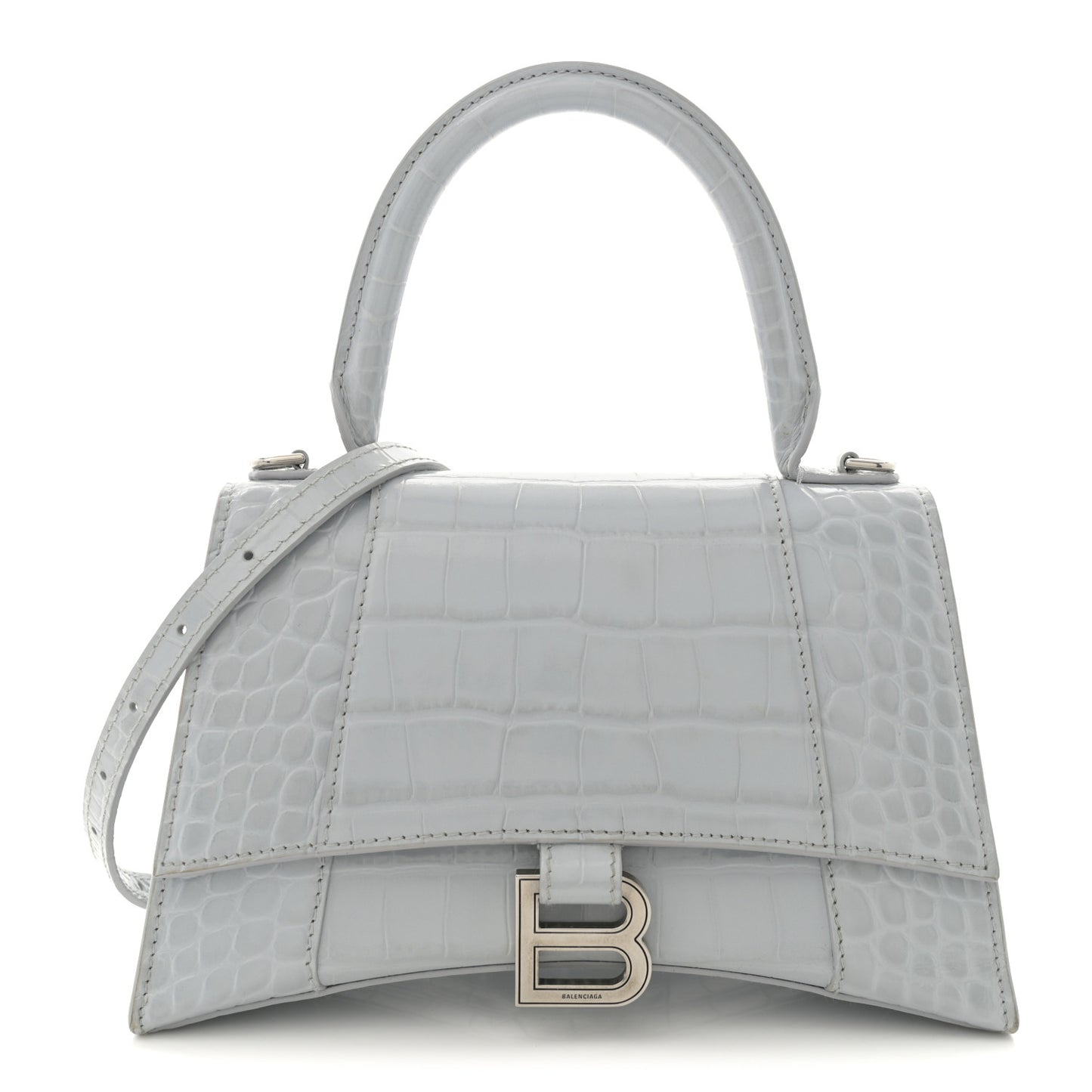 Shiny Calfskin Crocodile Embossed Small Hourglass Top Handle Bag Ash Blue