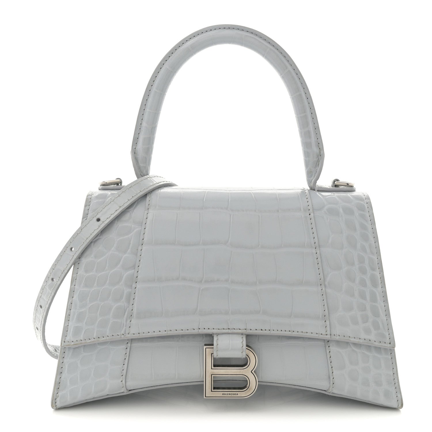 Balenciaga Shiny Calfskin Crocodile Embossed Small Hourglass Top Handle Bag Ash Blue 1 of 12