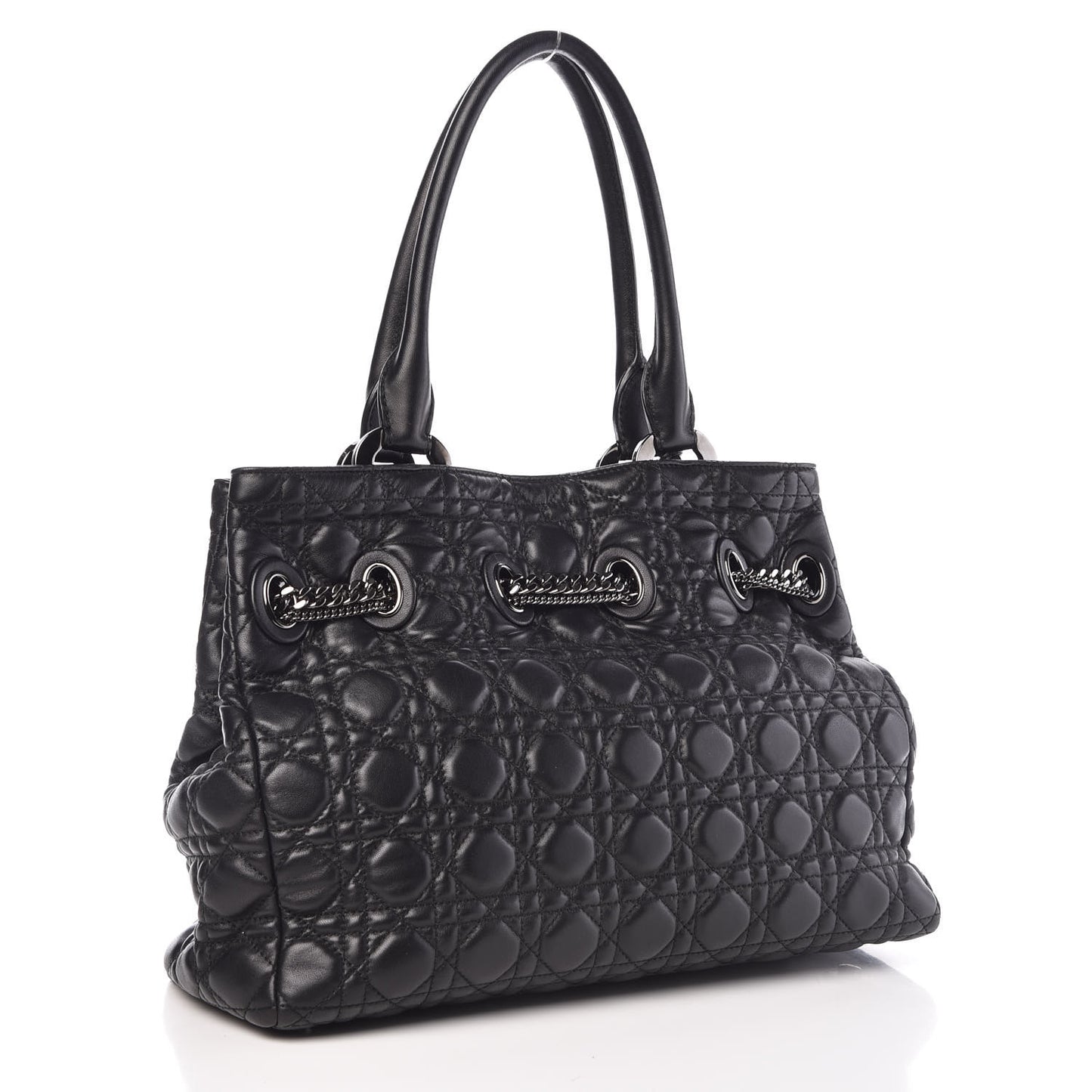 Lambskin Cannage Stitched Drawsting Tote Black