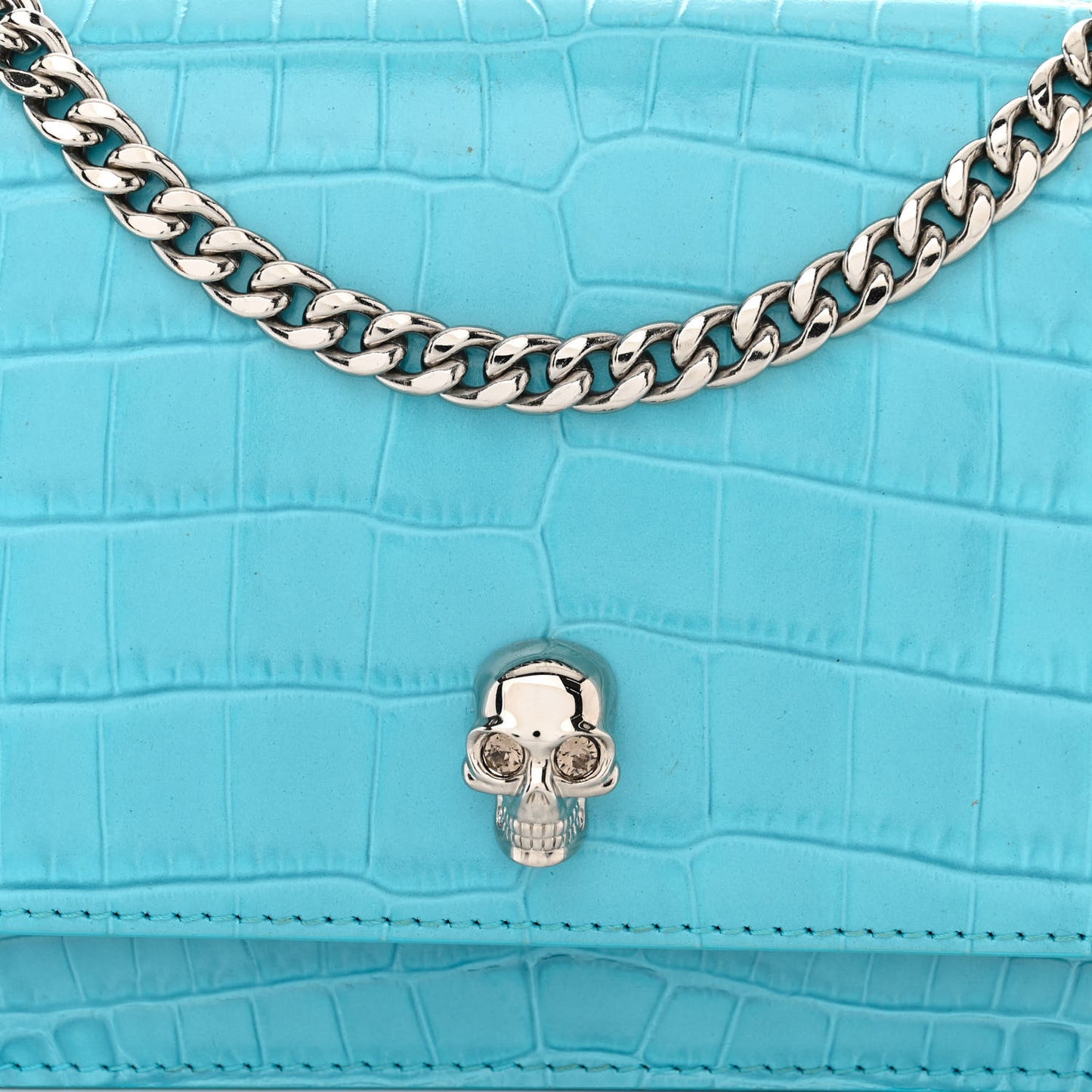 Calfskin Crocodile Embossed Skull Mini Crossbody Bag Cerulean